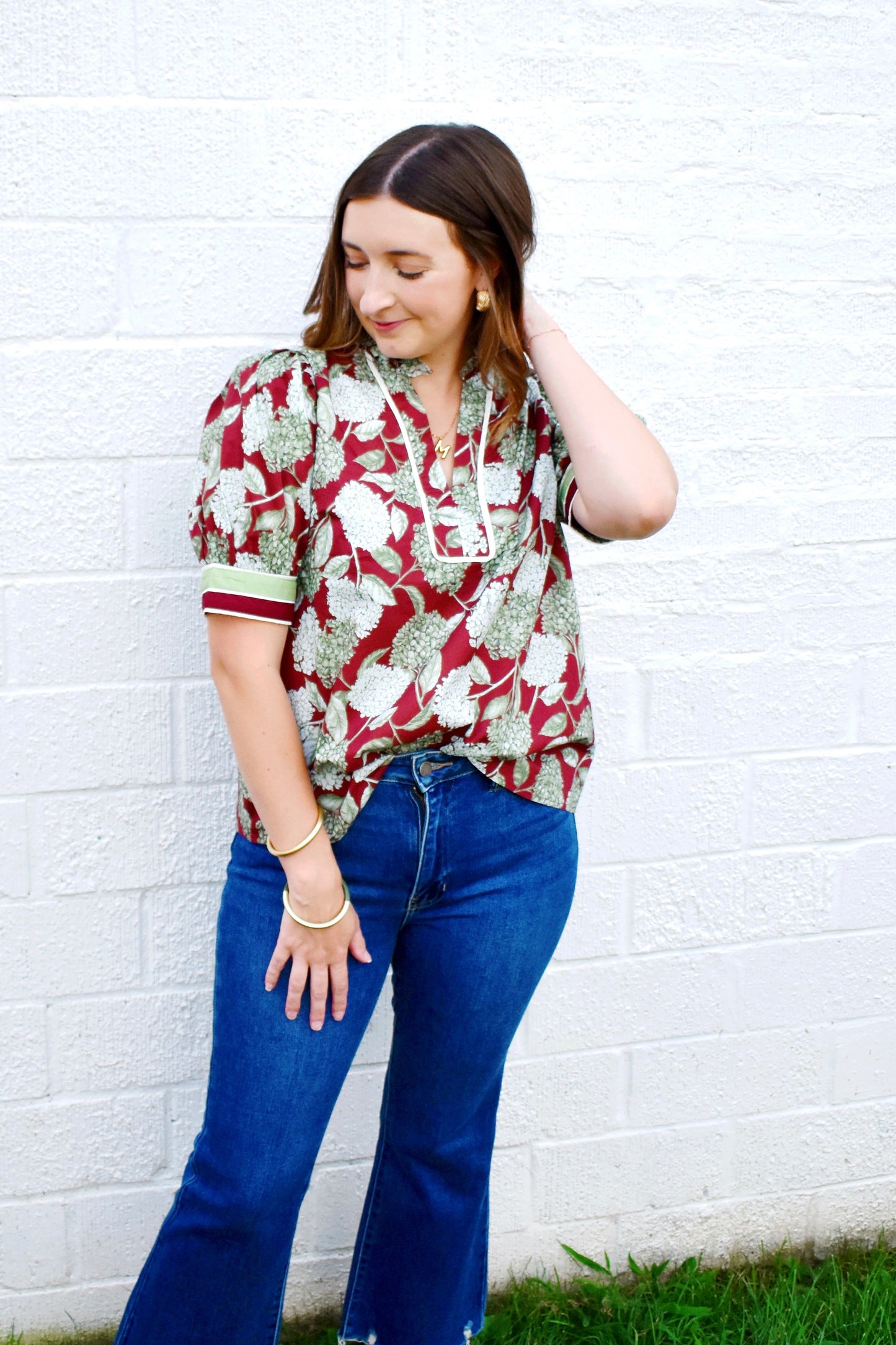 Burgundy & Sage Hydrangea Print Blouse