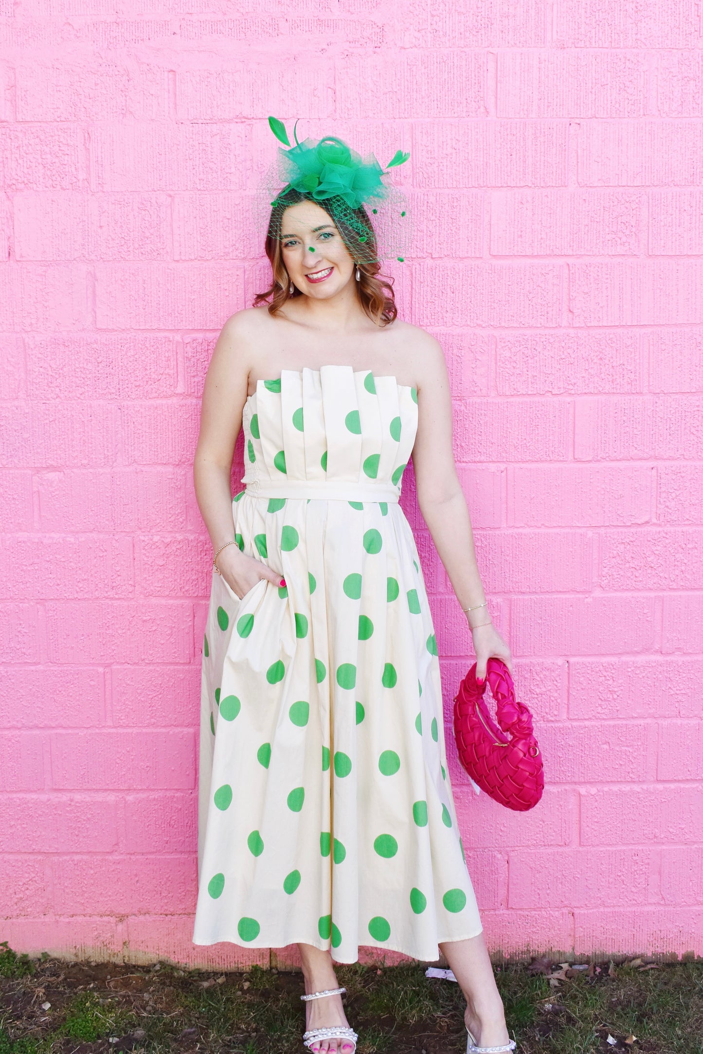 Kelly Green Polka Dot Pleated Bust Midi Dress