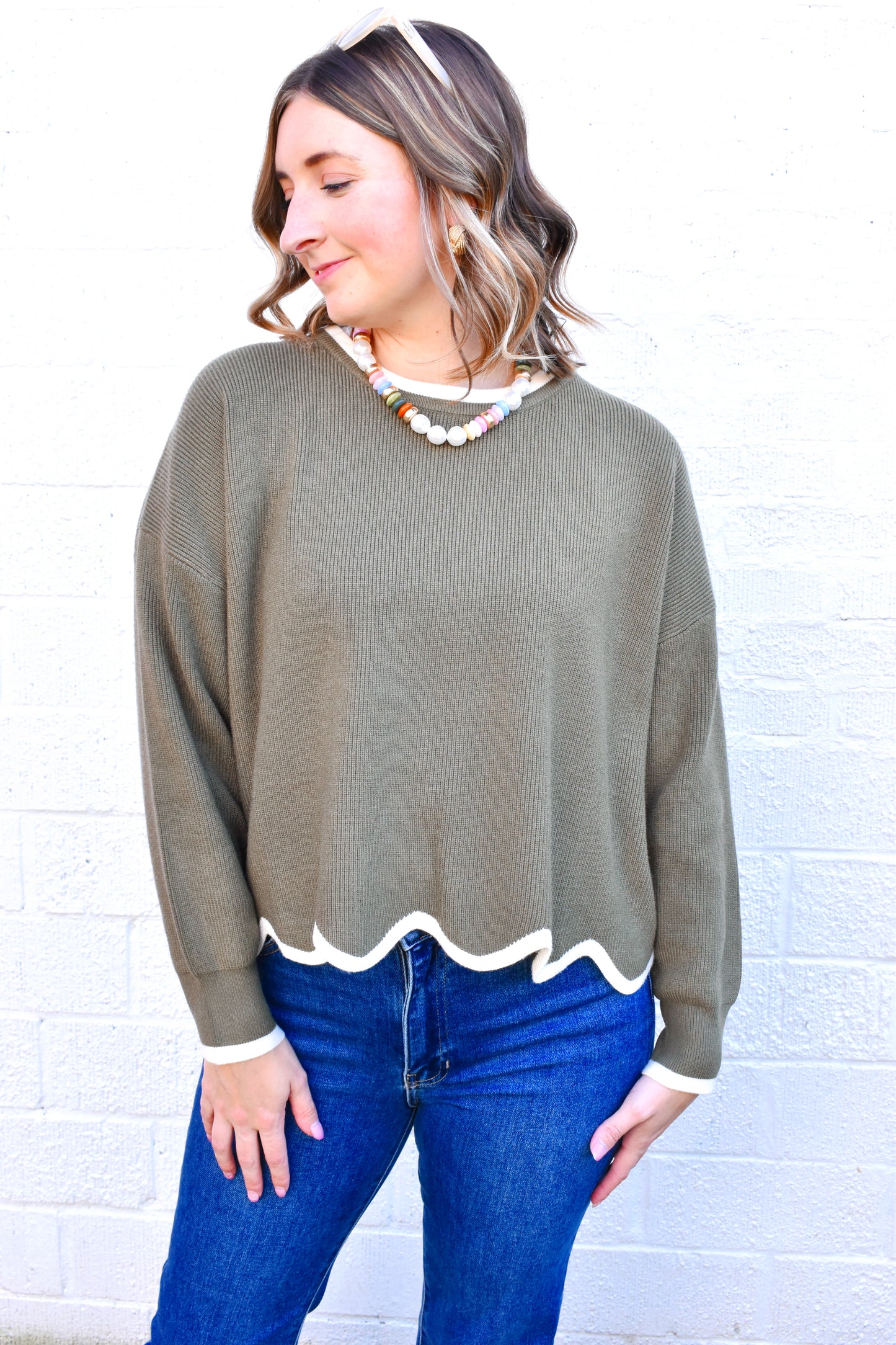 Olive Cream Scallop Sweater