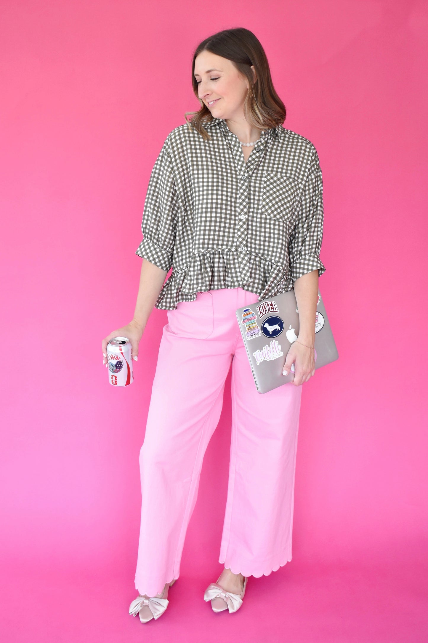 Olive Gingham Ruffle Hem Button Down Top