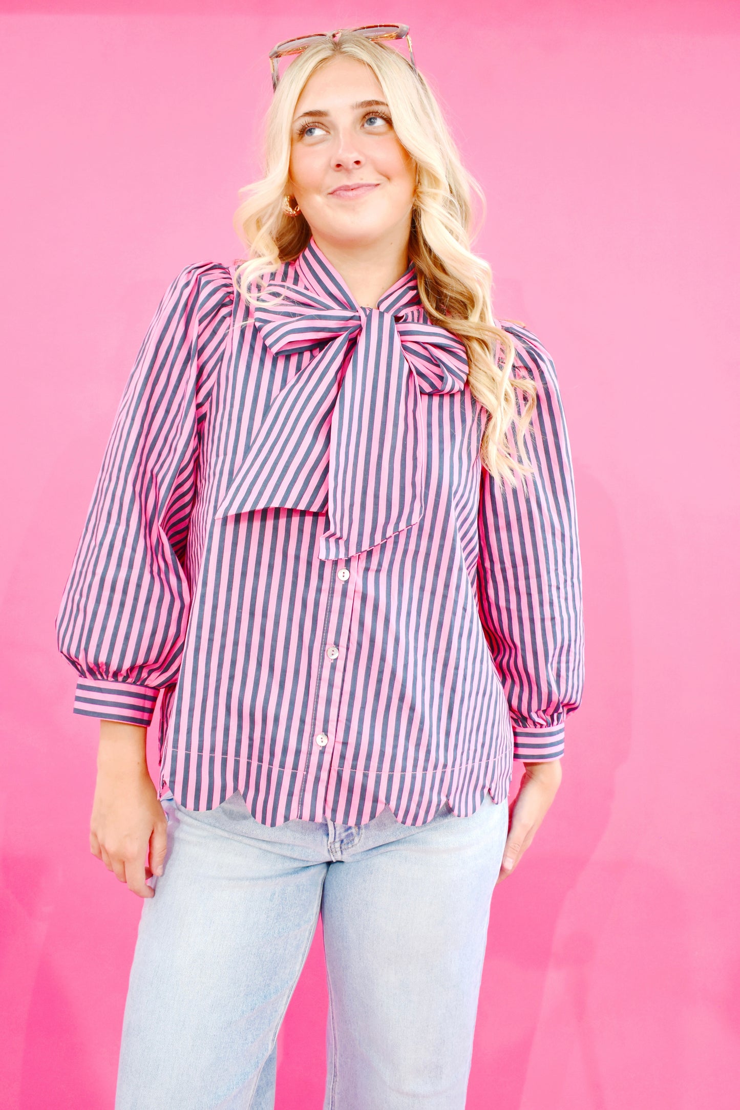 Pink Pine Striped Bow Scalloped Blouse