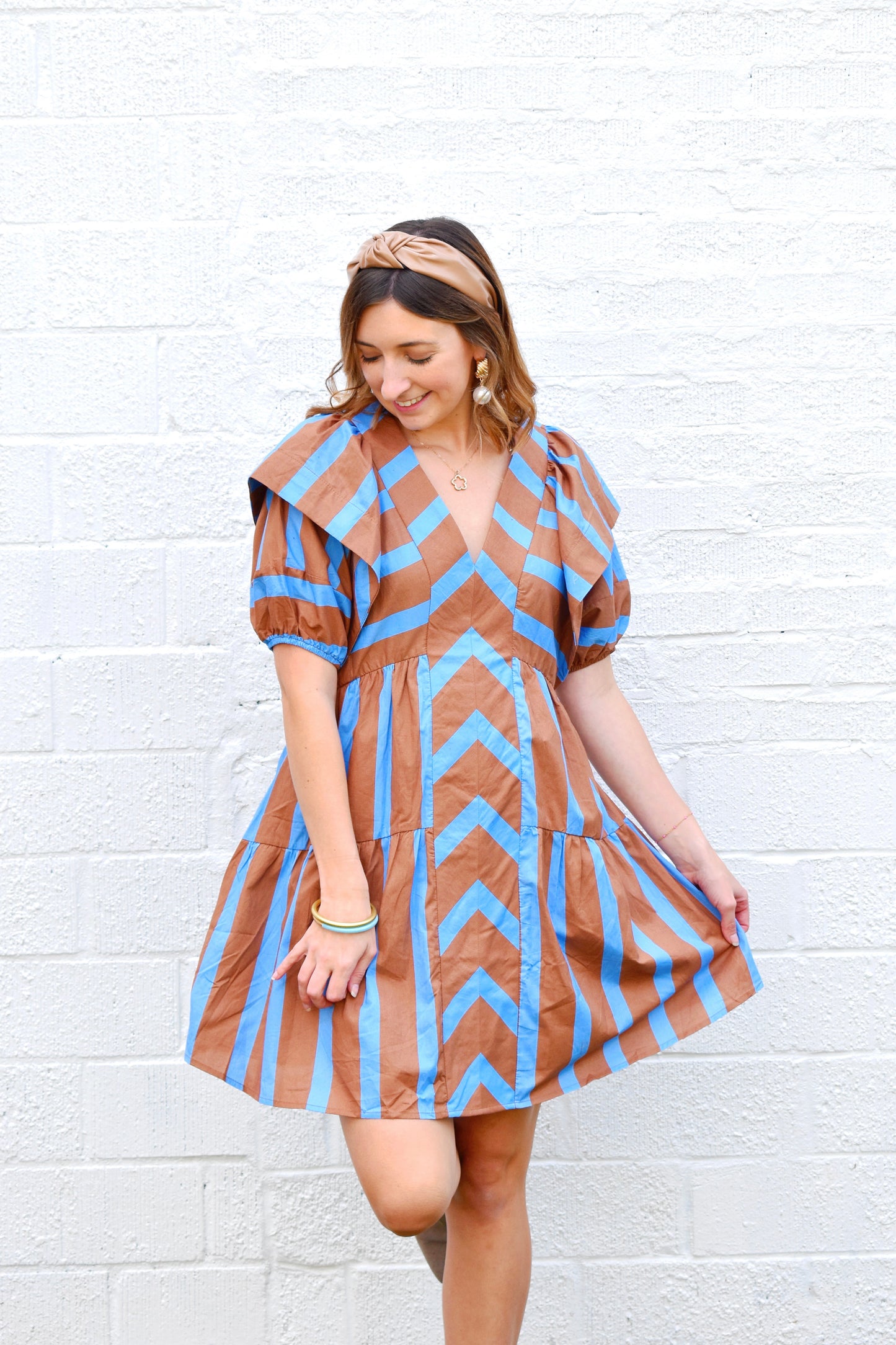 Brown & Blue Striped Ruffle Sleeve Dress