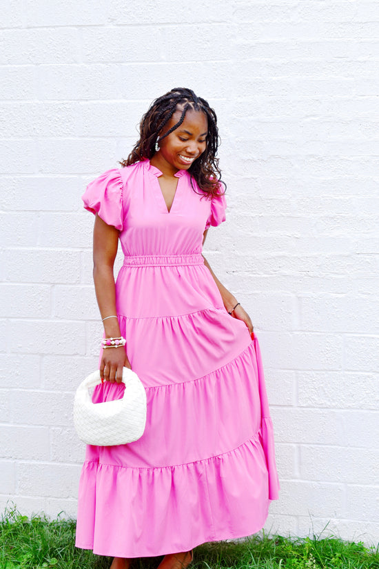 Bubblegum Pink Puff Sleeve Midi Dress