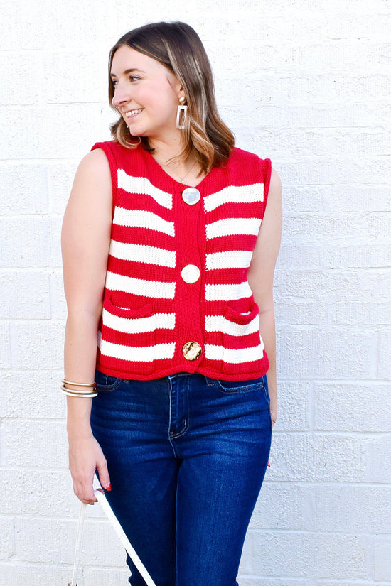 Red Striped Gold Button Sweater Top