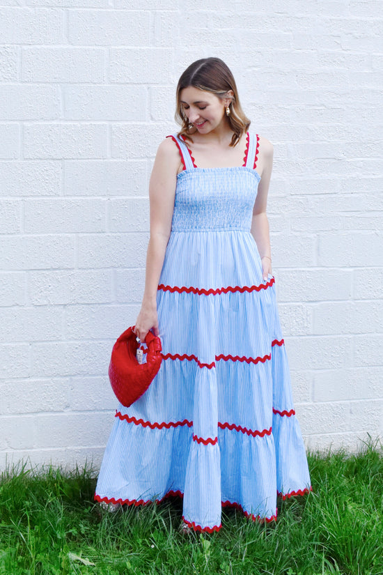 ladies red white and blue dresses Blue Striped Red Ric Rac Maxi Dress – Confetti Boutique