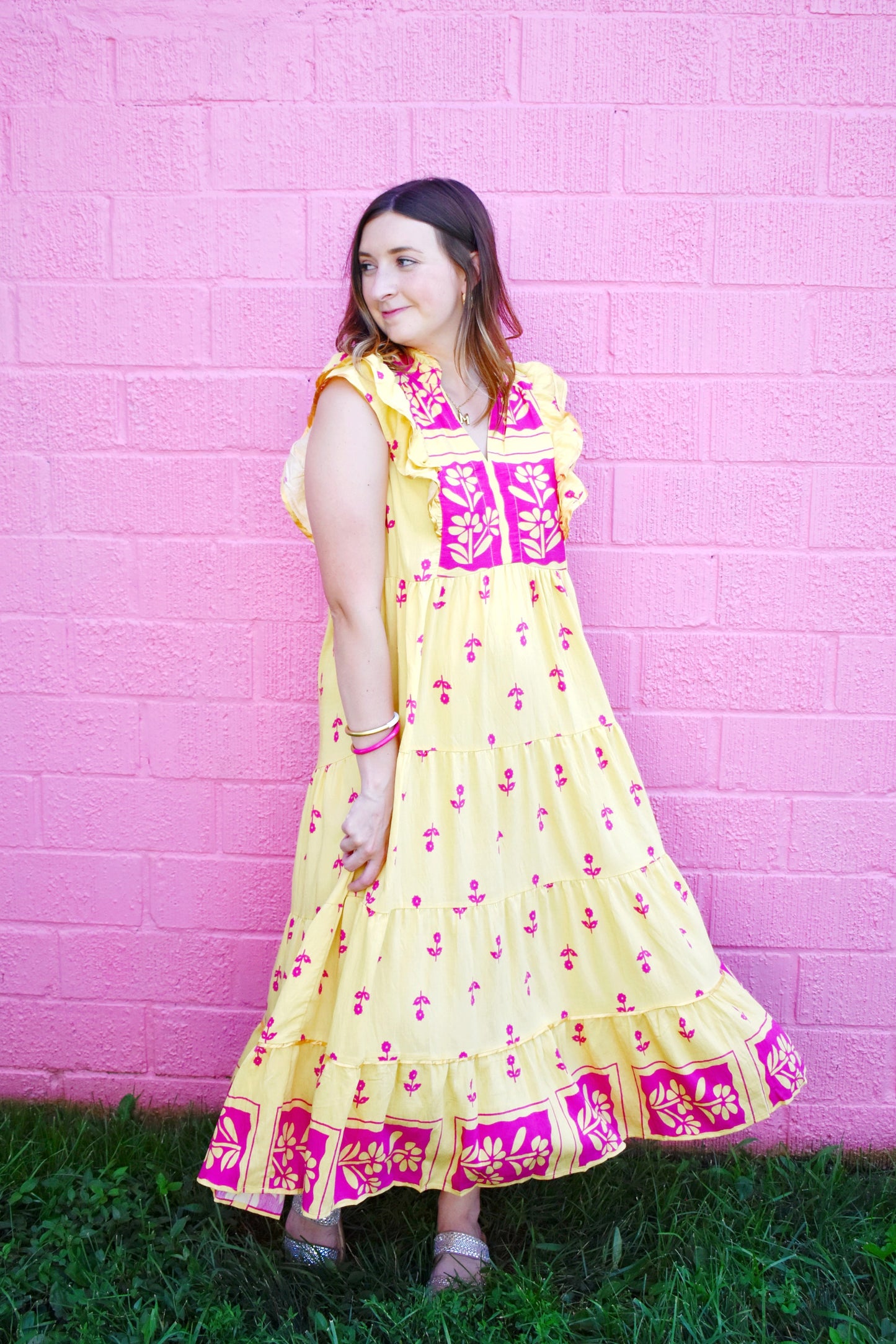 yellow and pink midi dress Women's Sunbeam Days Yellow & Pink Stripe Cotton Belted Midi Dress | Size: S