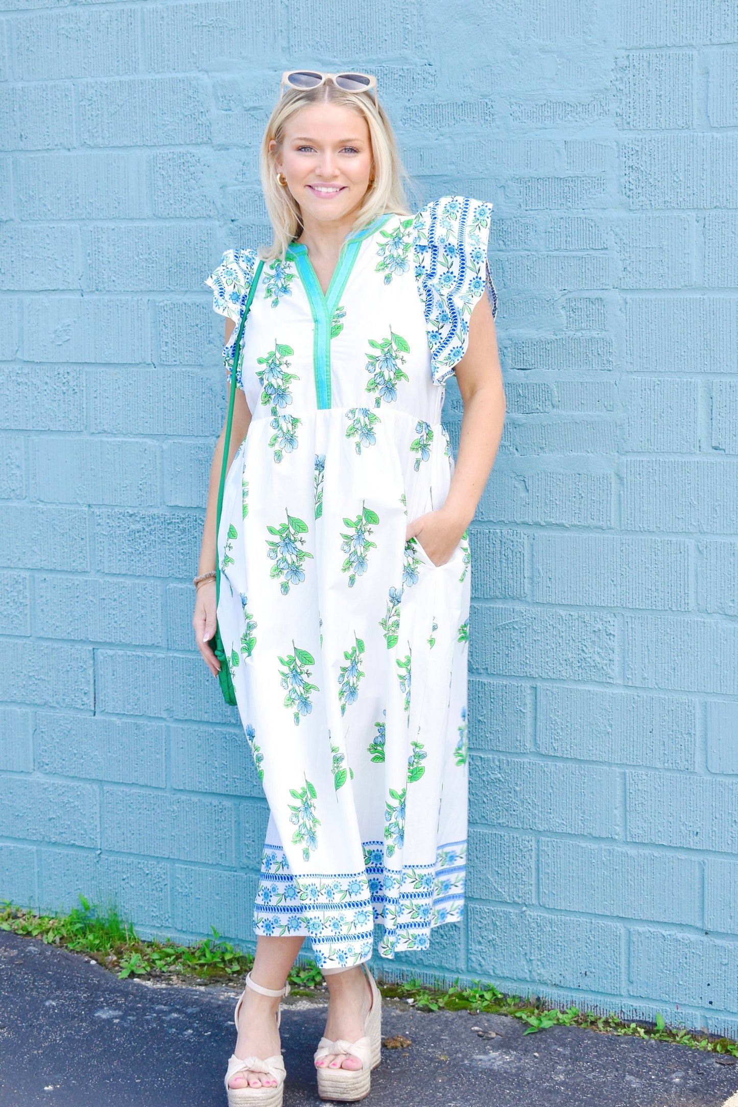 Preppy White Poplin Blue & Green Floral Midi Dress Confetti Boutique Preppy White Poplin Blue & Green Floral Midi Dress Confetti Boutique