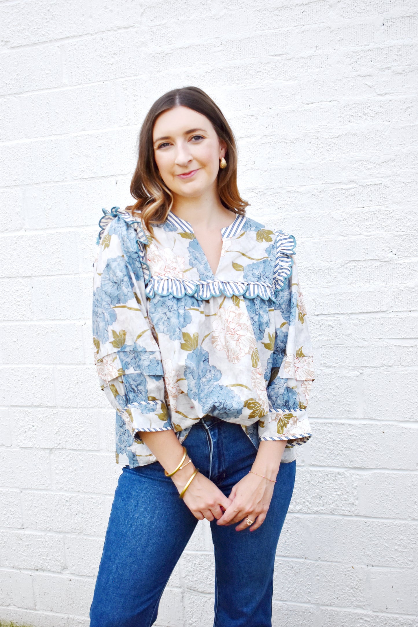 Blue Hydrangea Stripe Contrast Scallop Detail Blouse