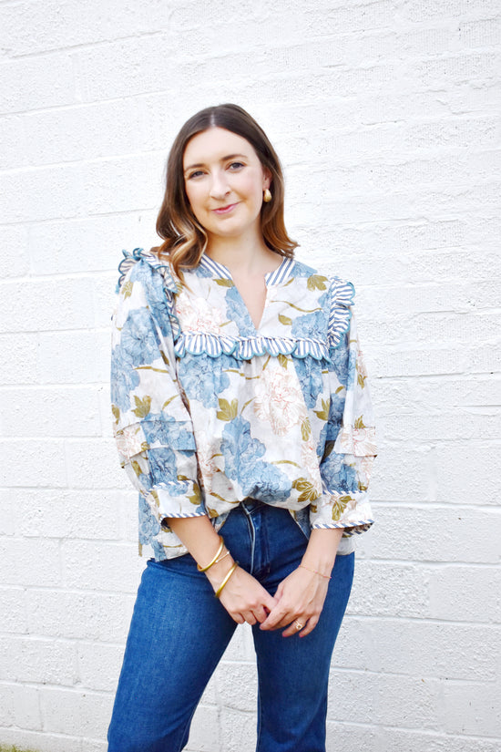 Blue Hydrangea Stripe Contrast Scallop Detail Blouse