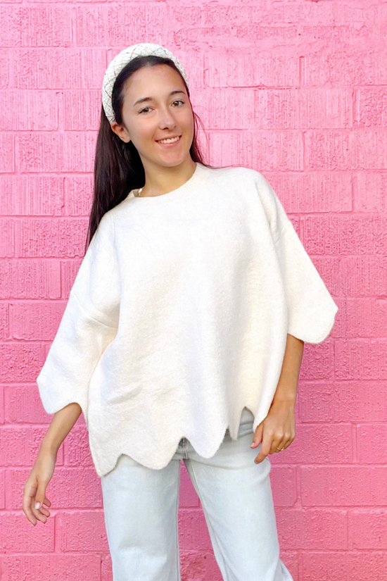 Cream Scallop Hem Sweater