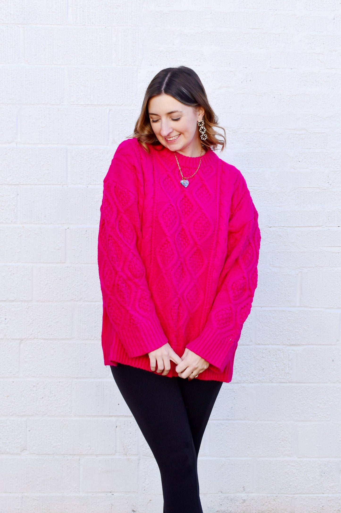 Hot Pink Oversized Cable Sweater