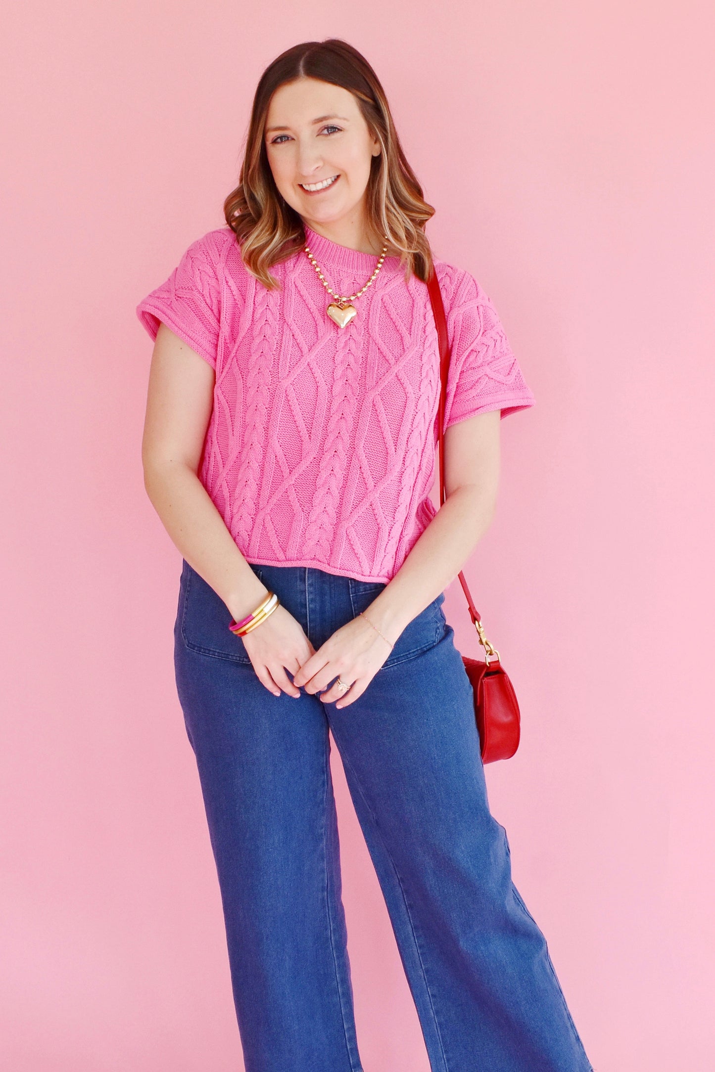 Pink Cable Knit Short Sleeve Sweater