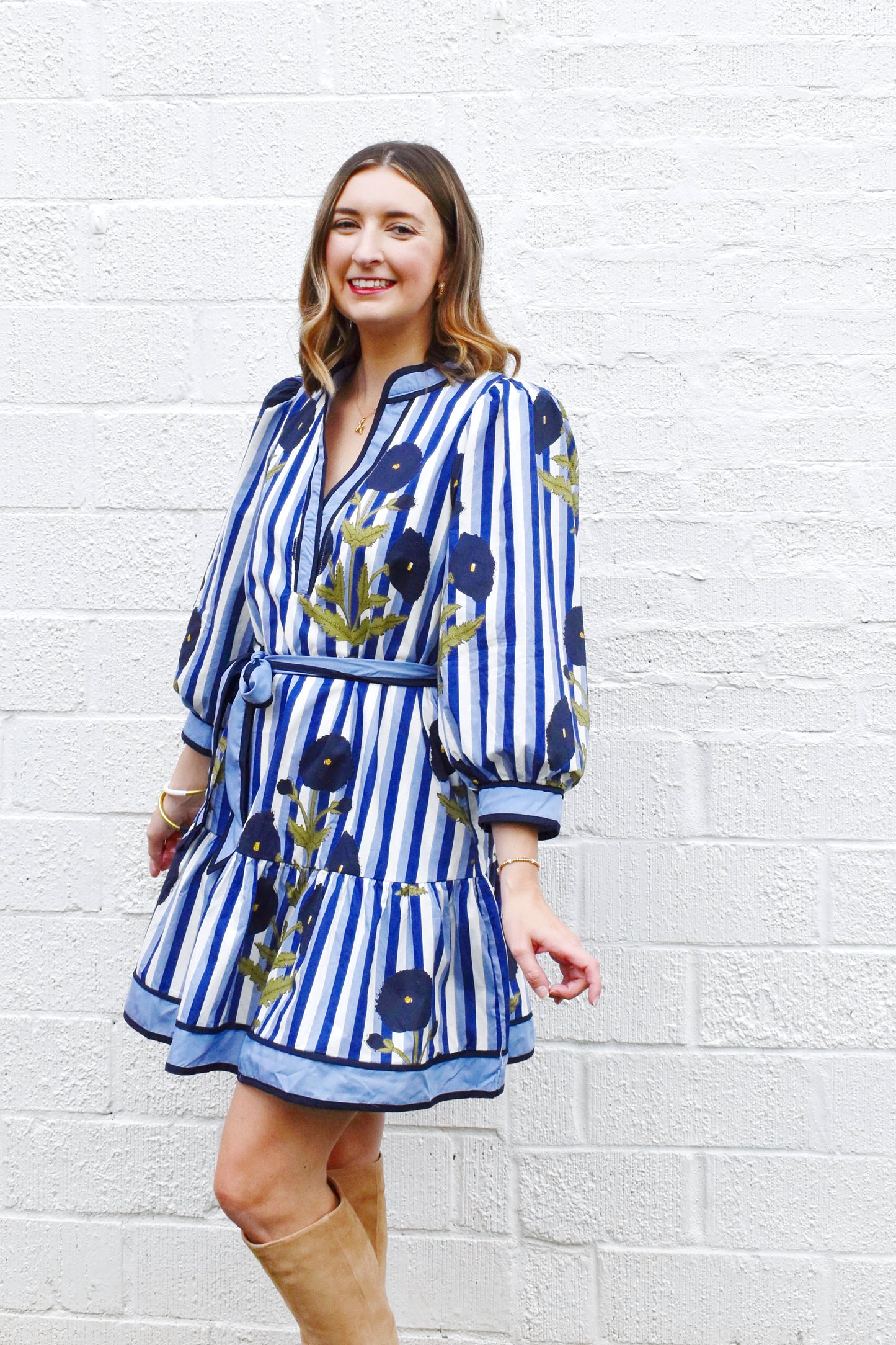 Navy Striped Floral Tie Waist Dress