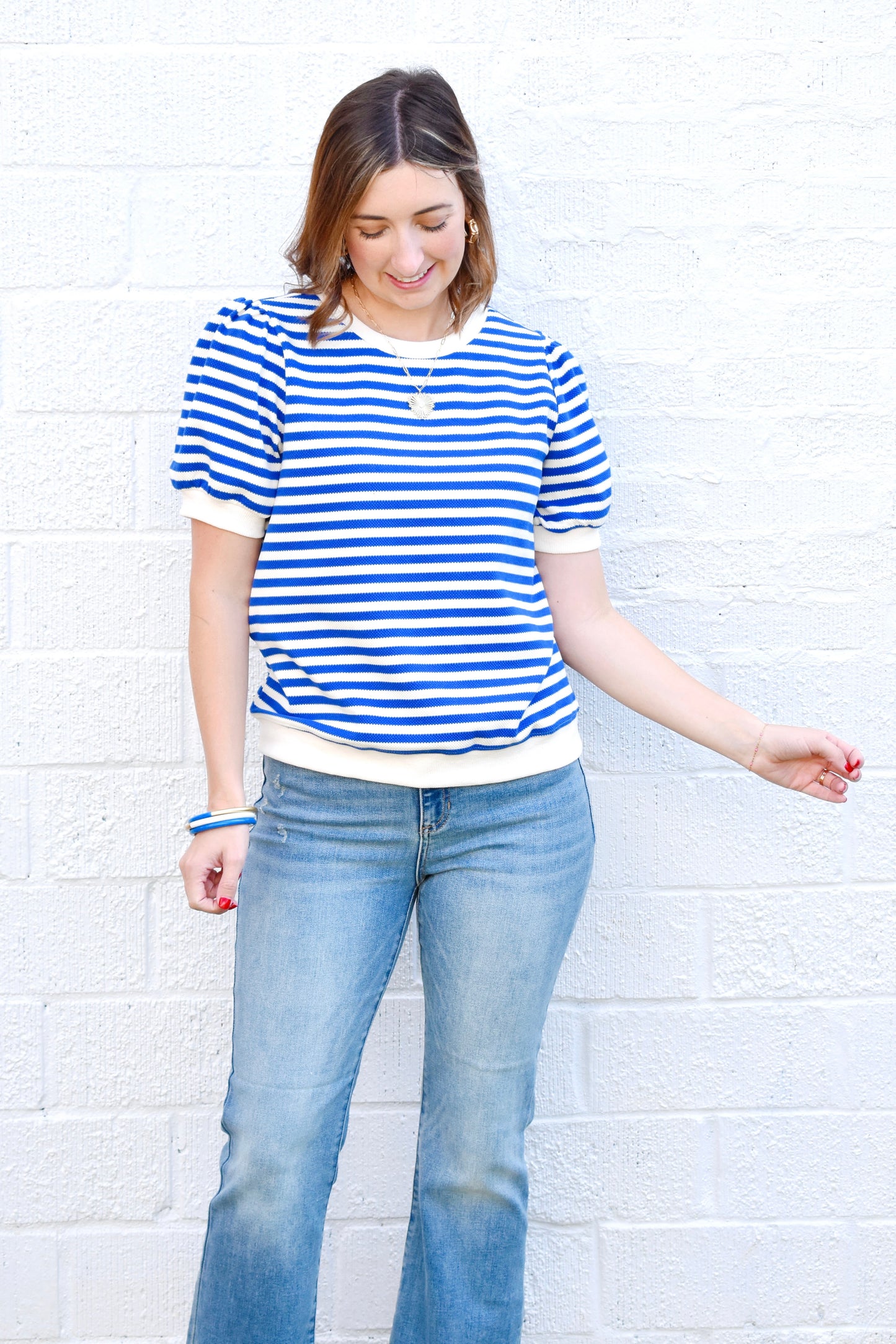 Royal Blue Striped Puff Sleeve Top