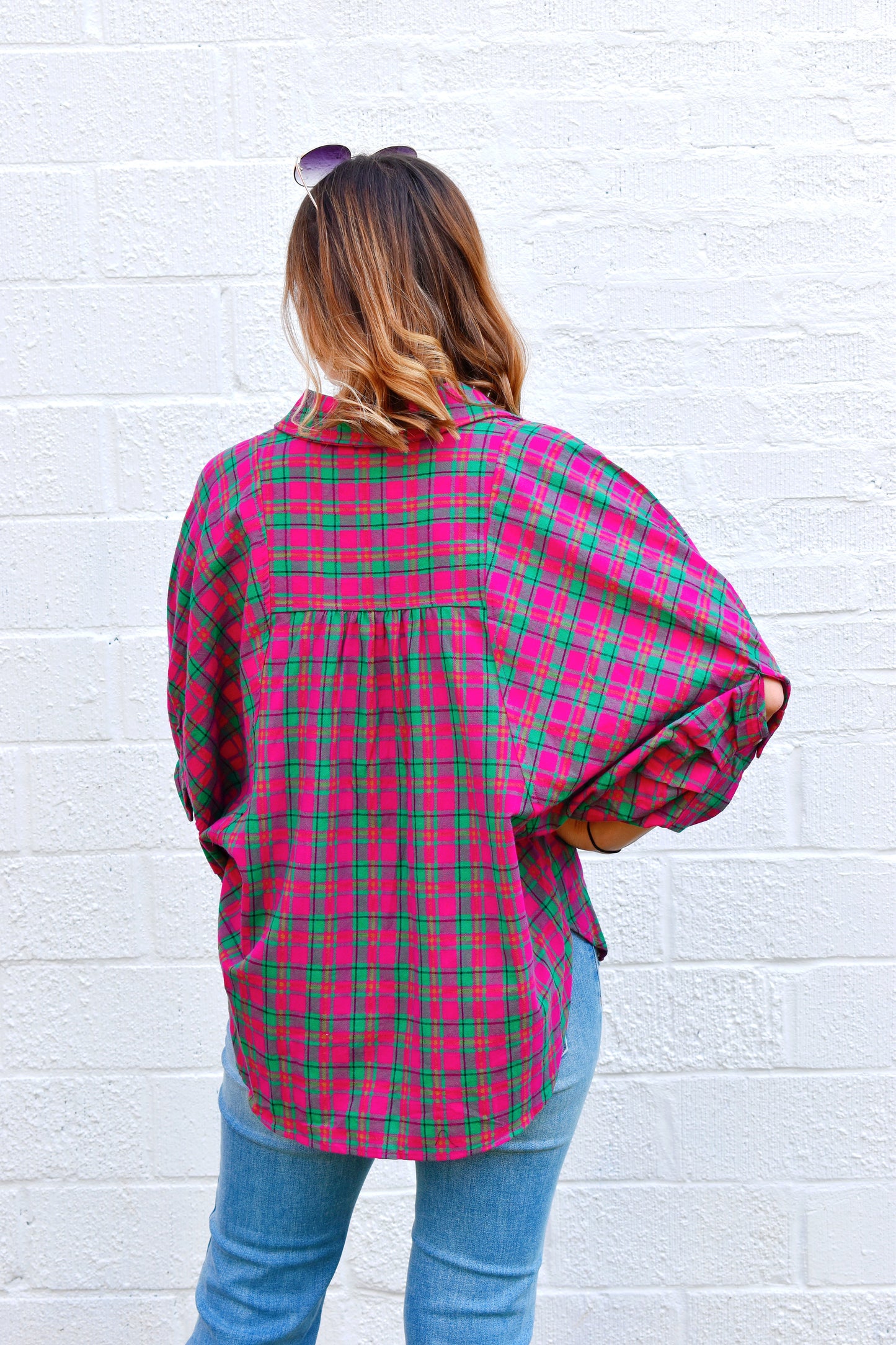 Magenta Plaid Oversized Button Up Top