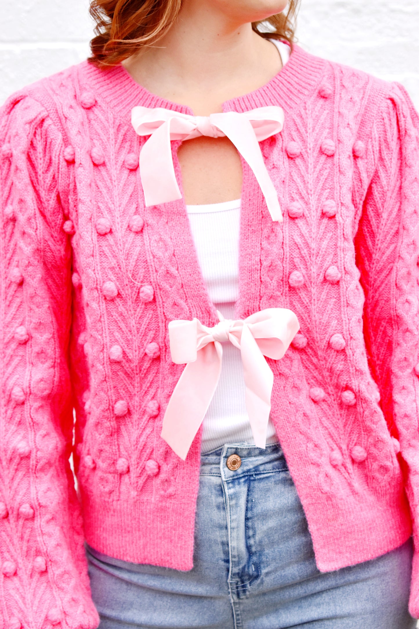 Bright Pink Velvet Bow Cardigan Sweater