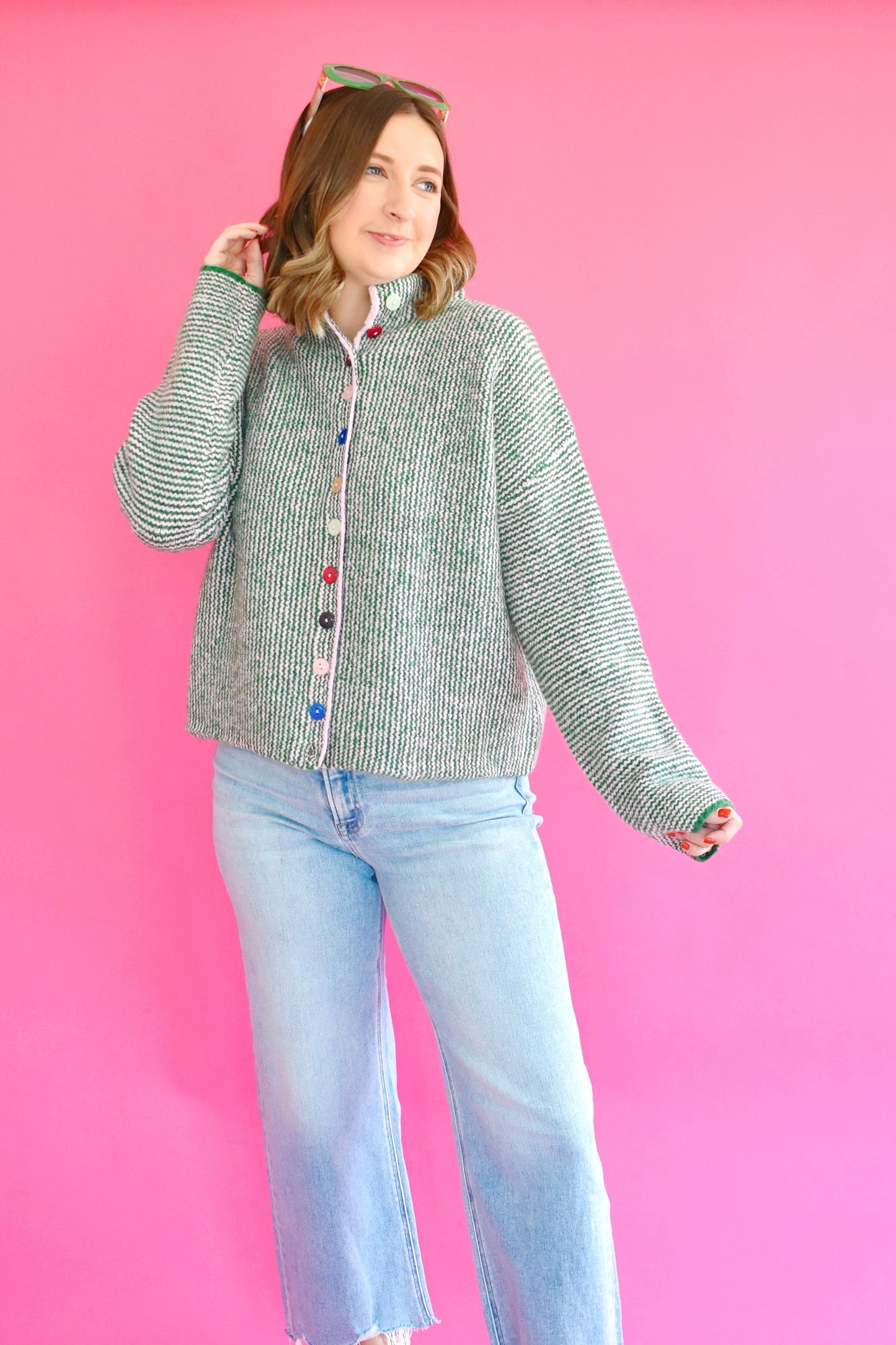 Green Pink Colorful Button Cardigan Sweater
