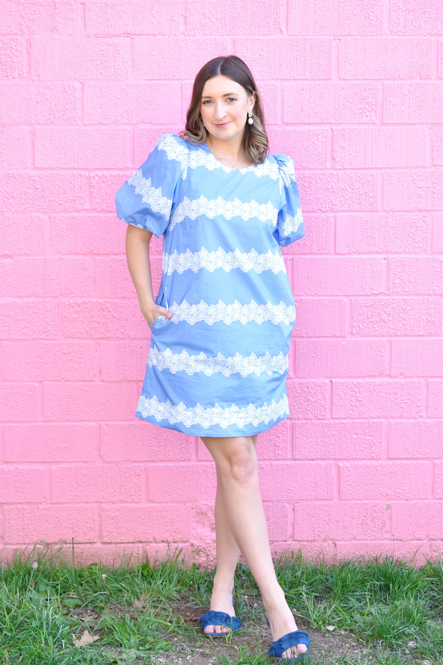 Light Blue Lace Print Stripe Puff Sleeve Shift Dress