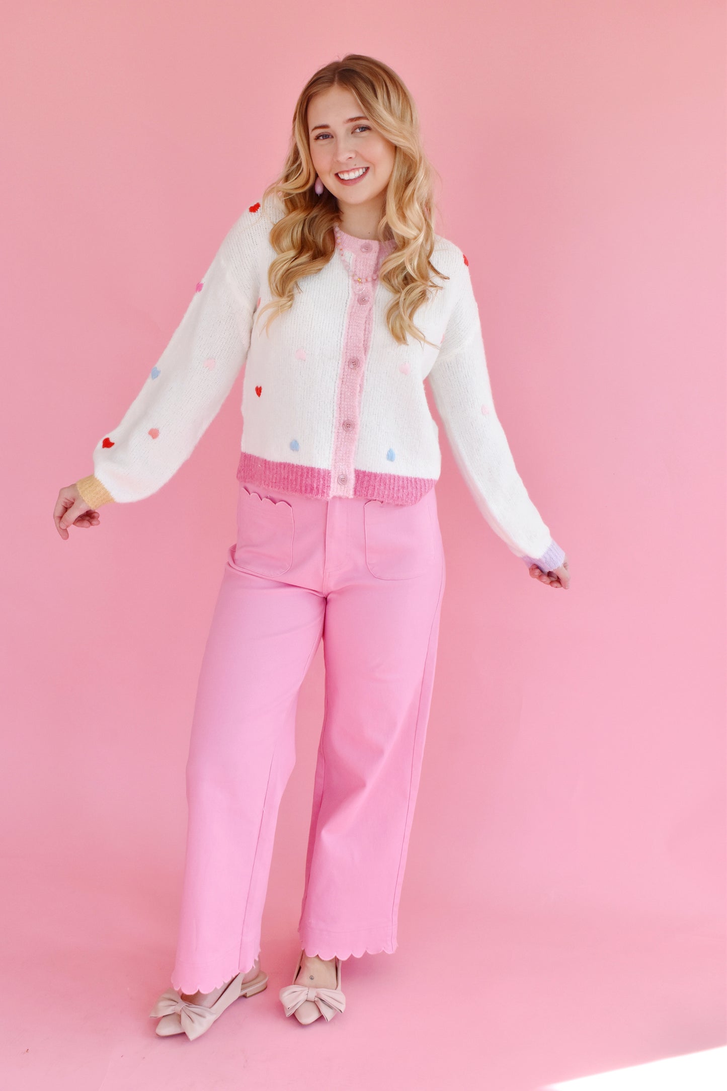 Pink High Rise Scallop  Wide Leg Pants