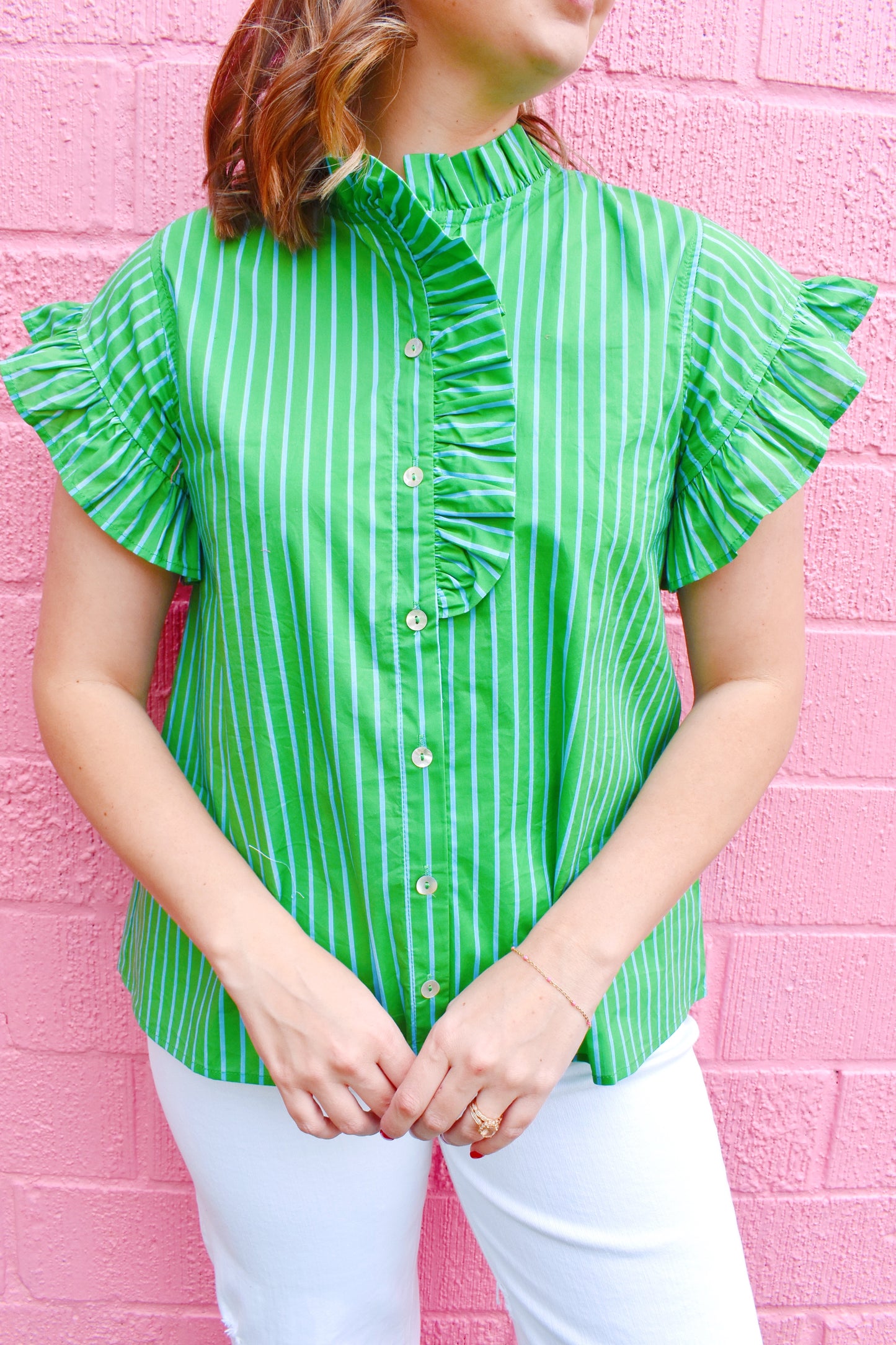 Green Mini Striped Ruffle Button Down Blouse