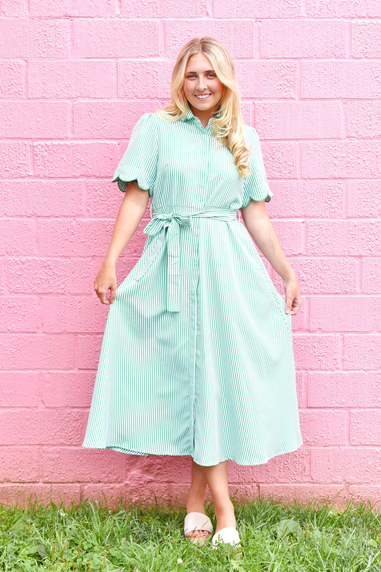 Green Stripe Scallop Sleeve Midi Dress