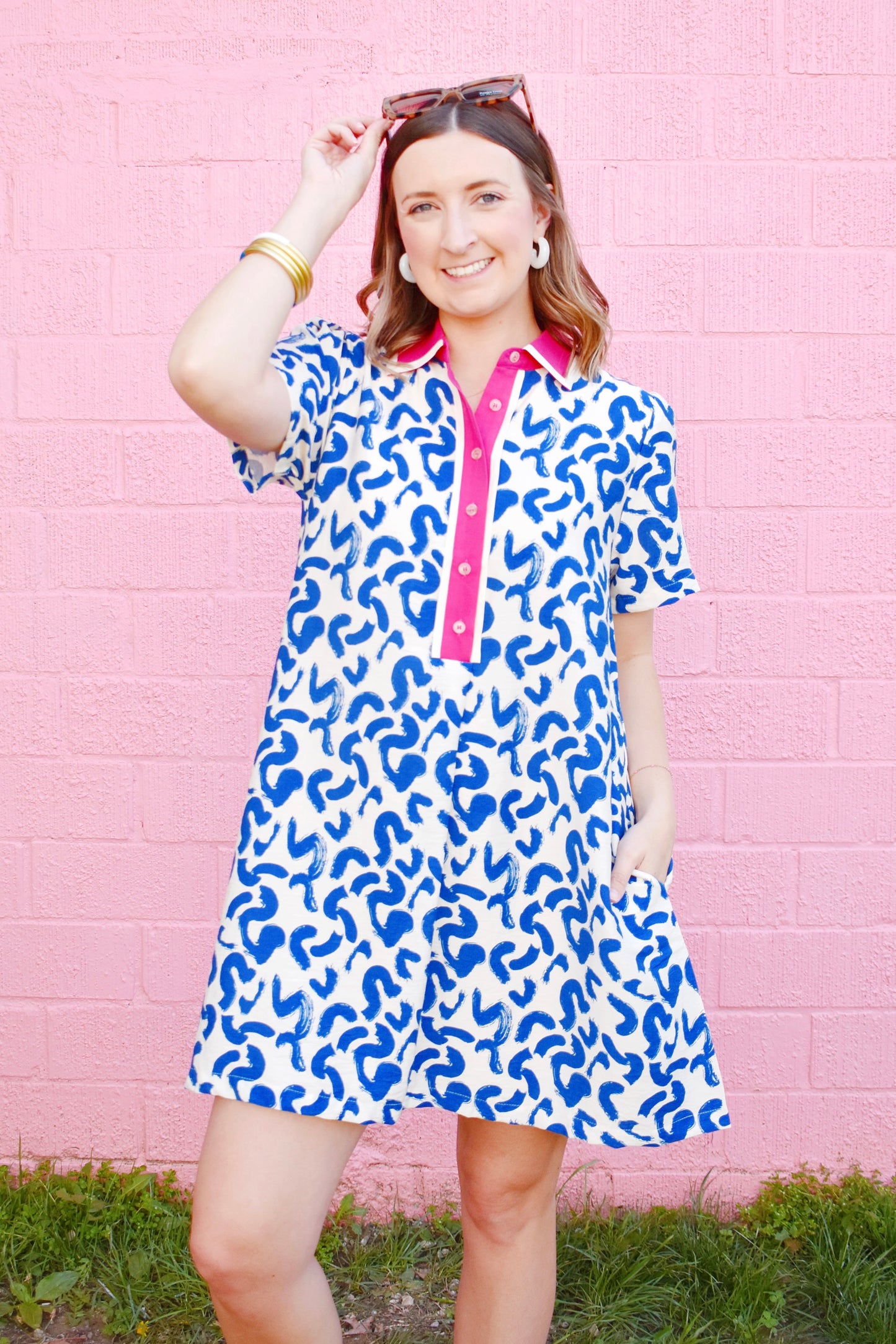 Royal Abstract Hot Pink Collar Dress