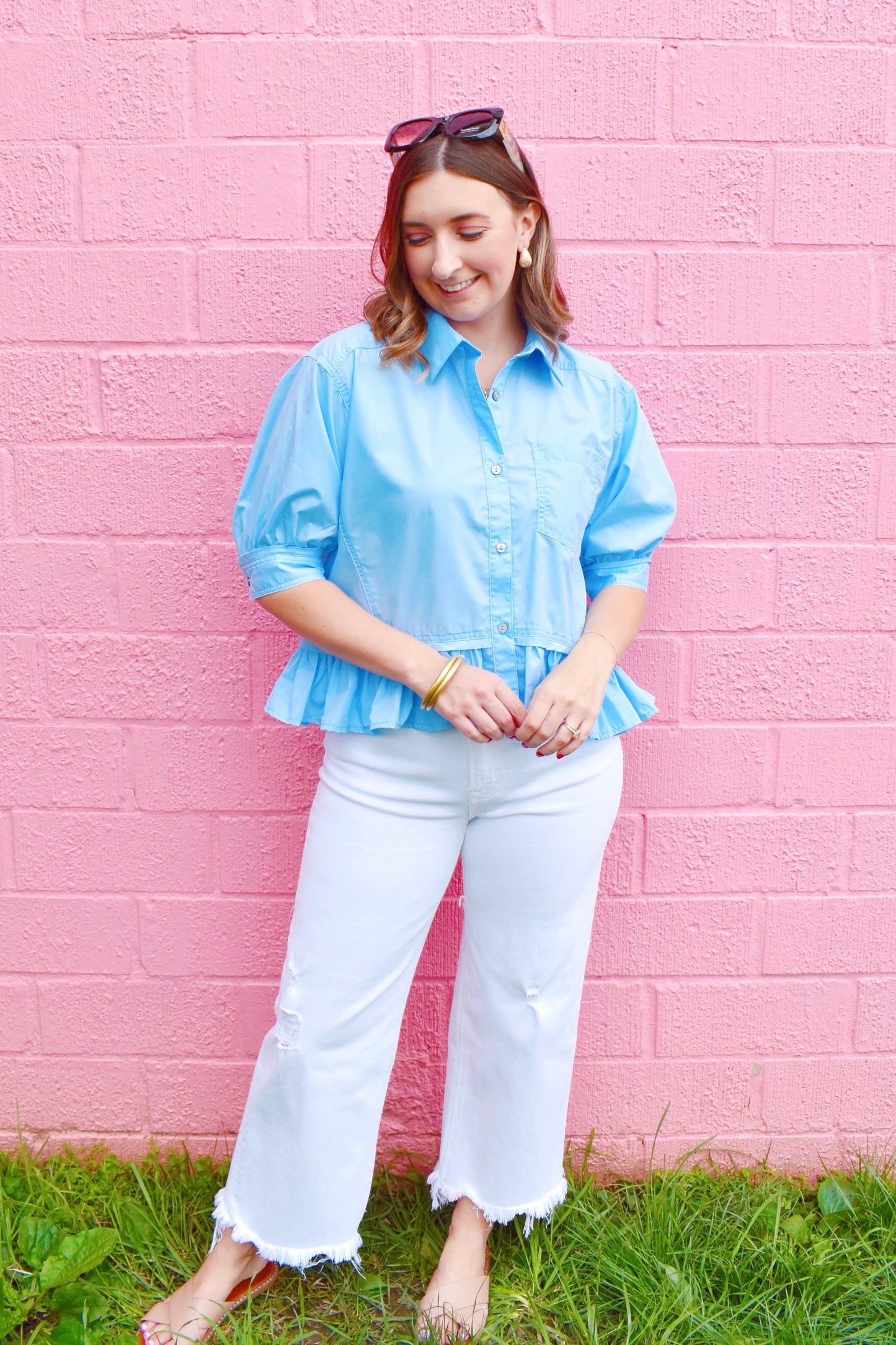 Blue Button Down Ruffle Hem Top