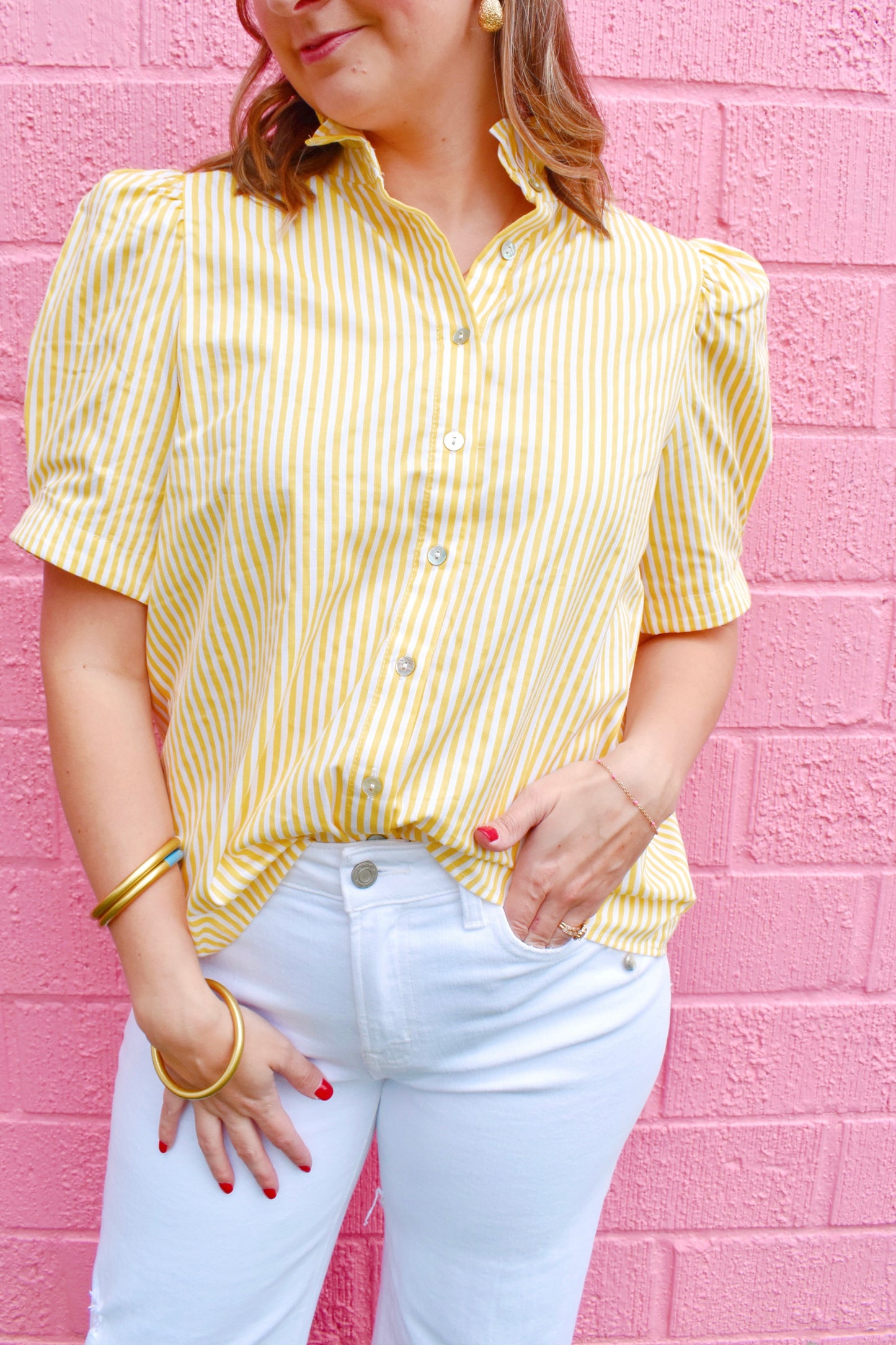 Lemon Striped Button Down Blouse