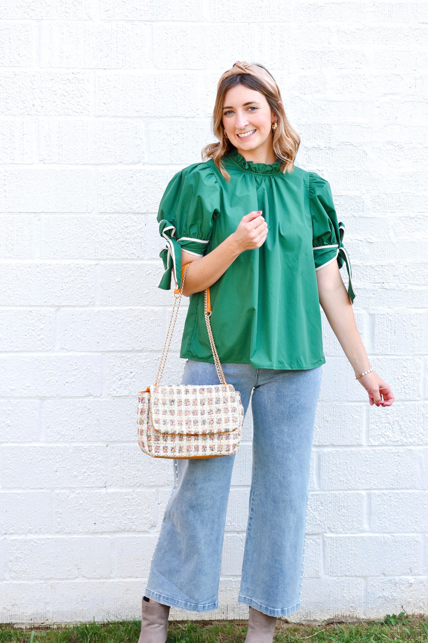 Hunter Green Tie Sleeve Blouse