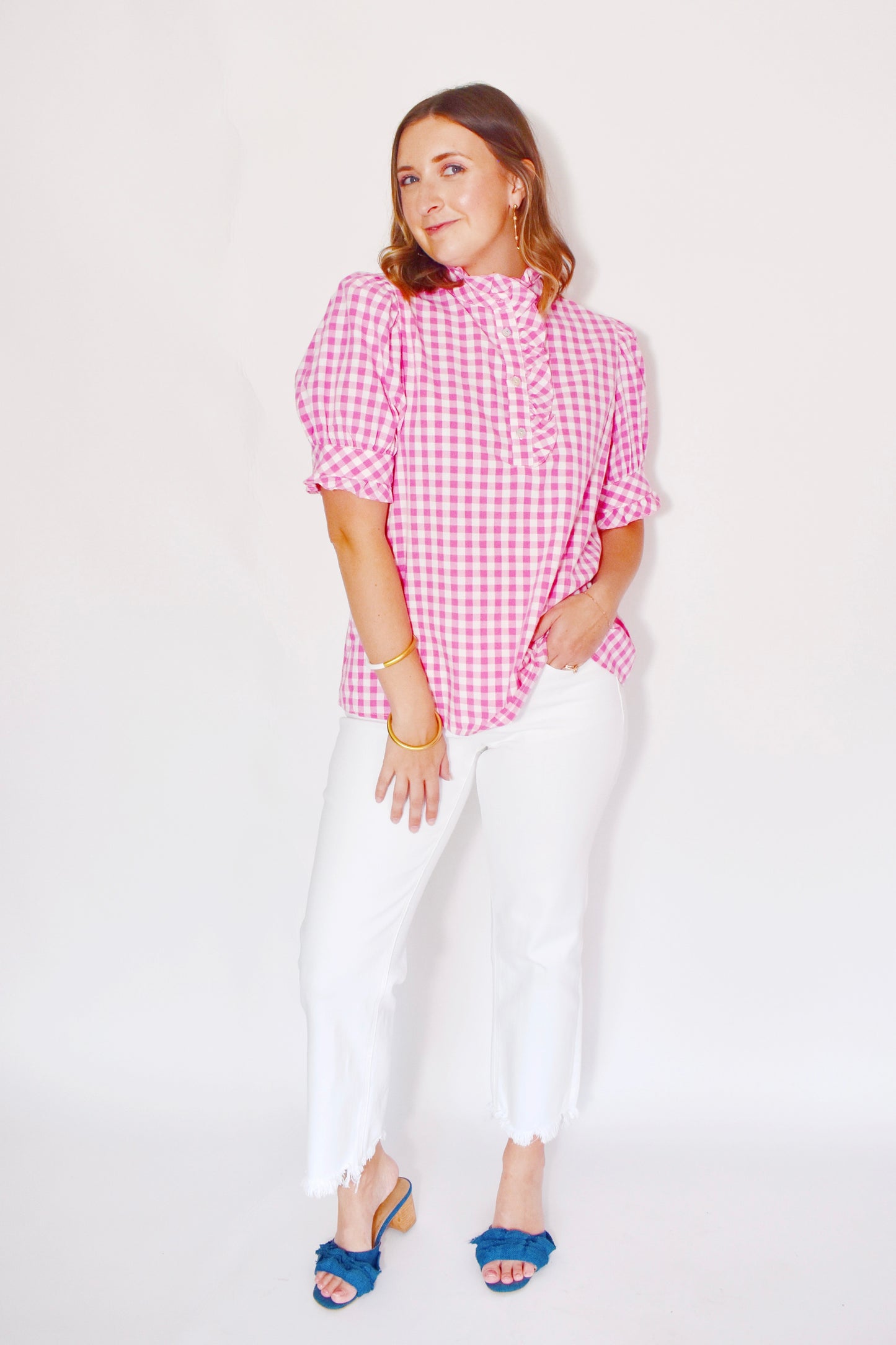 Peony Pink Gingham Ruffle Blouse