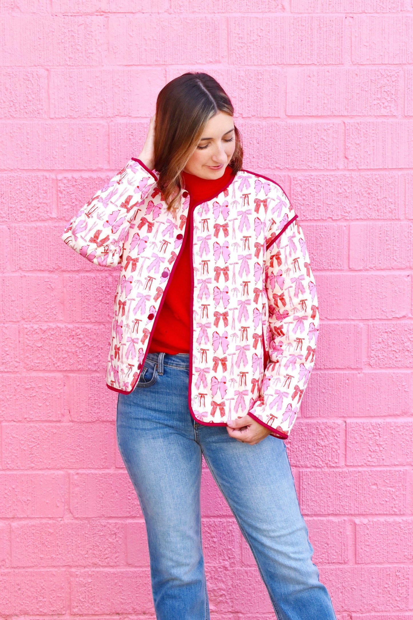 Pink Multi Bow Printed Quilted Jacket