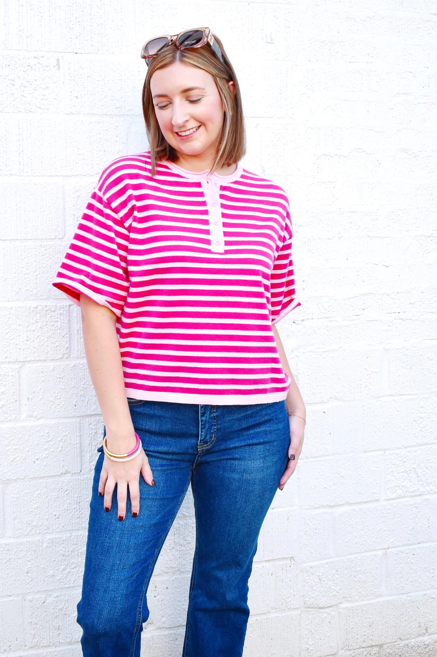 Pink Striped Lightweight Knit Button Top