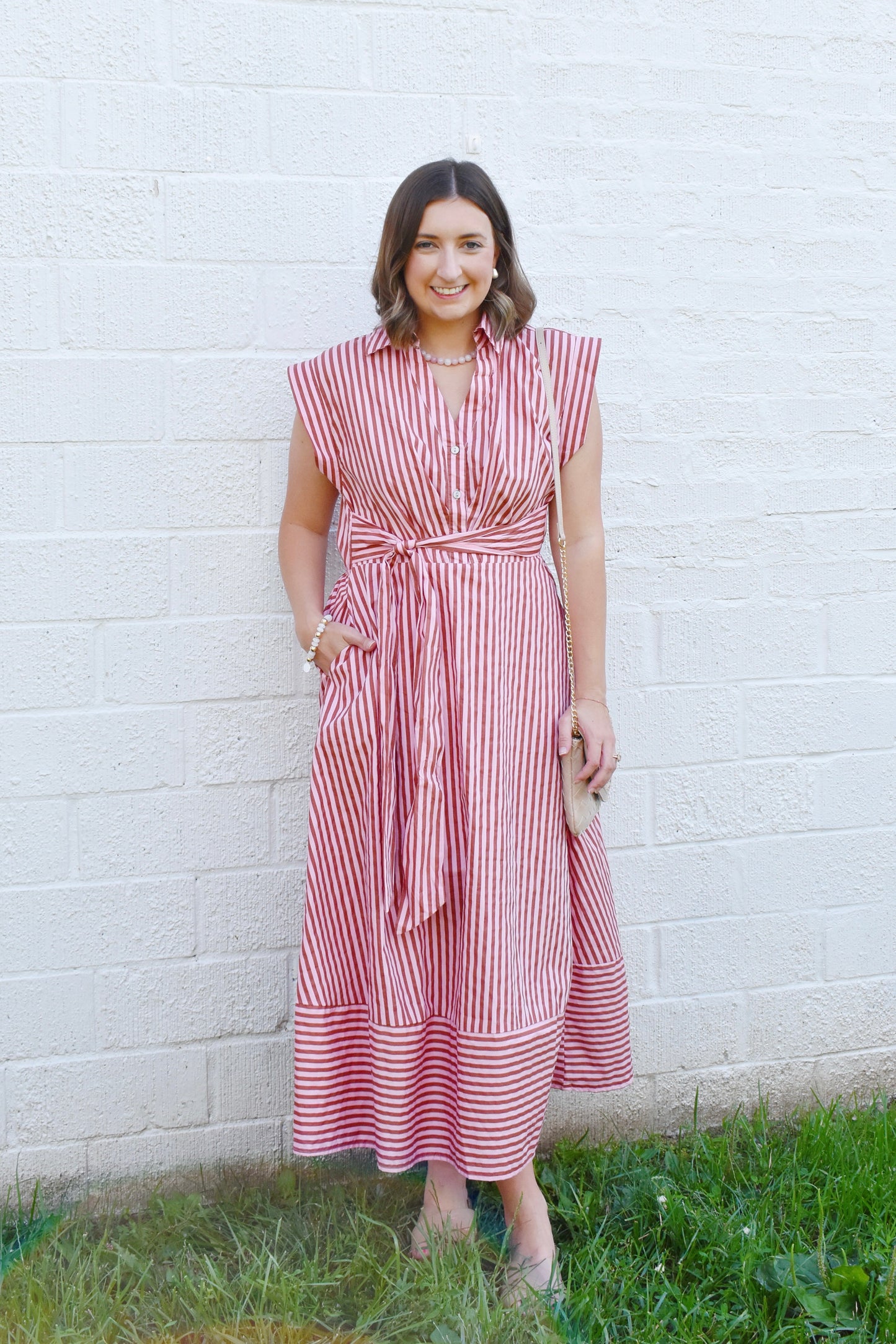 Pink & Camel Striped Collared Tie Waist Dress