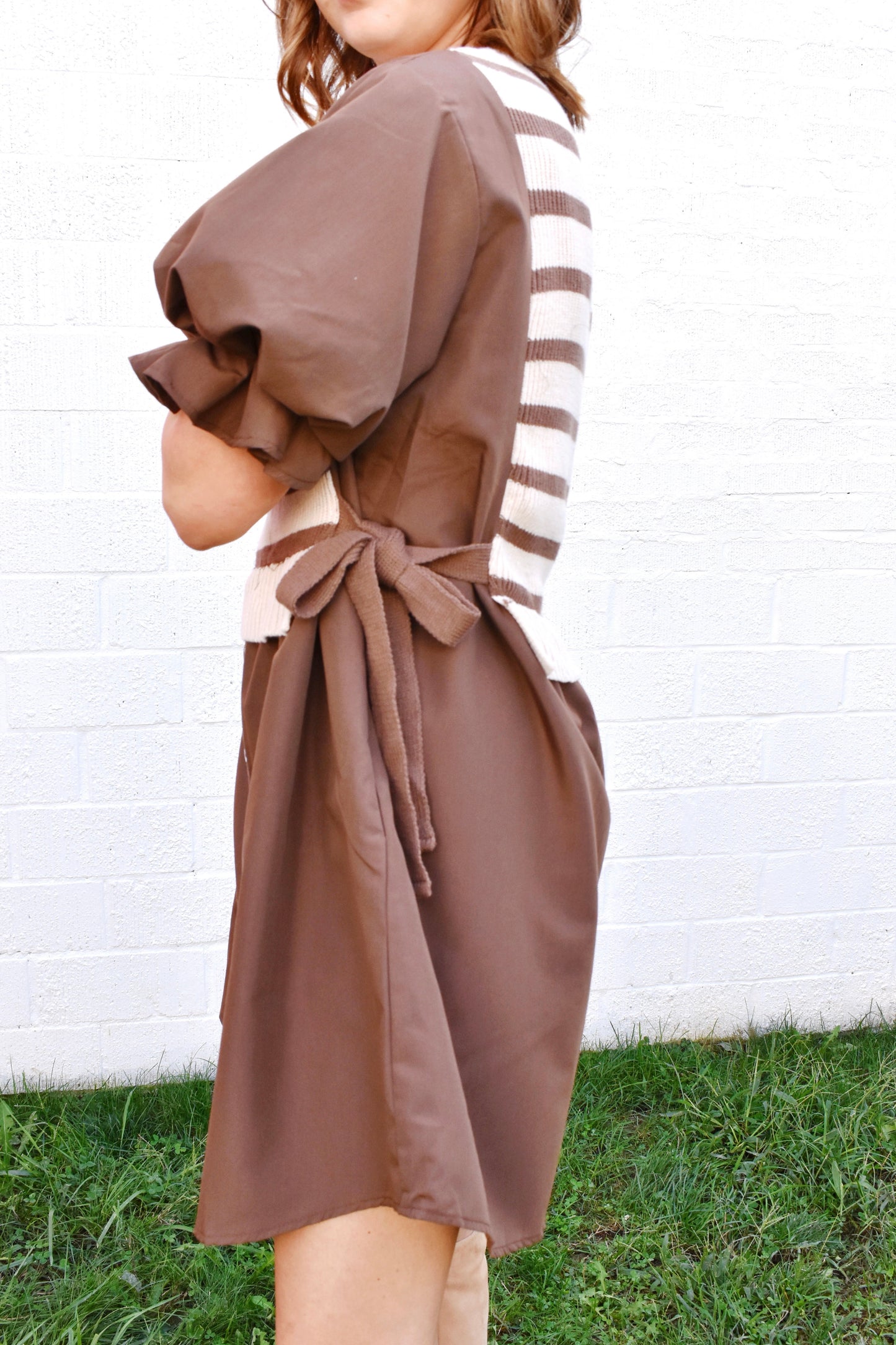 Brown Layered Puff Sleeve Dress