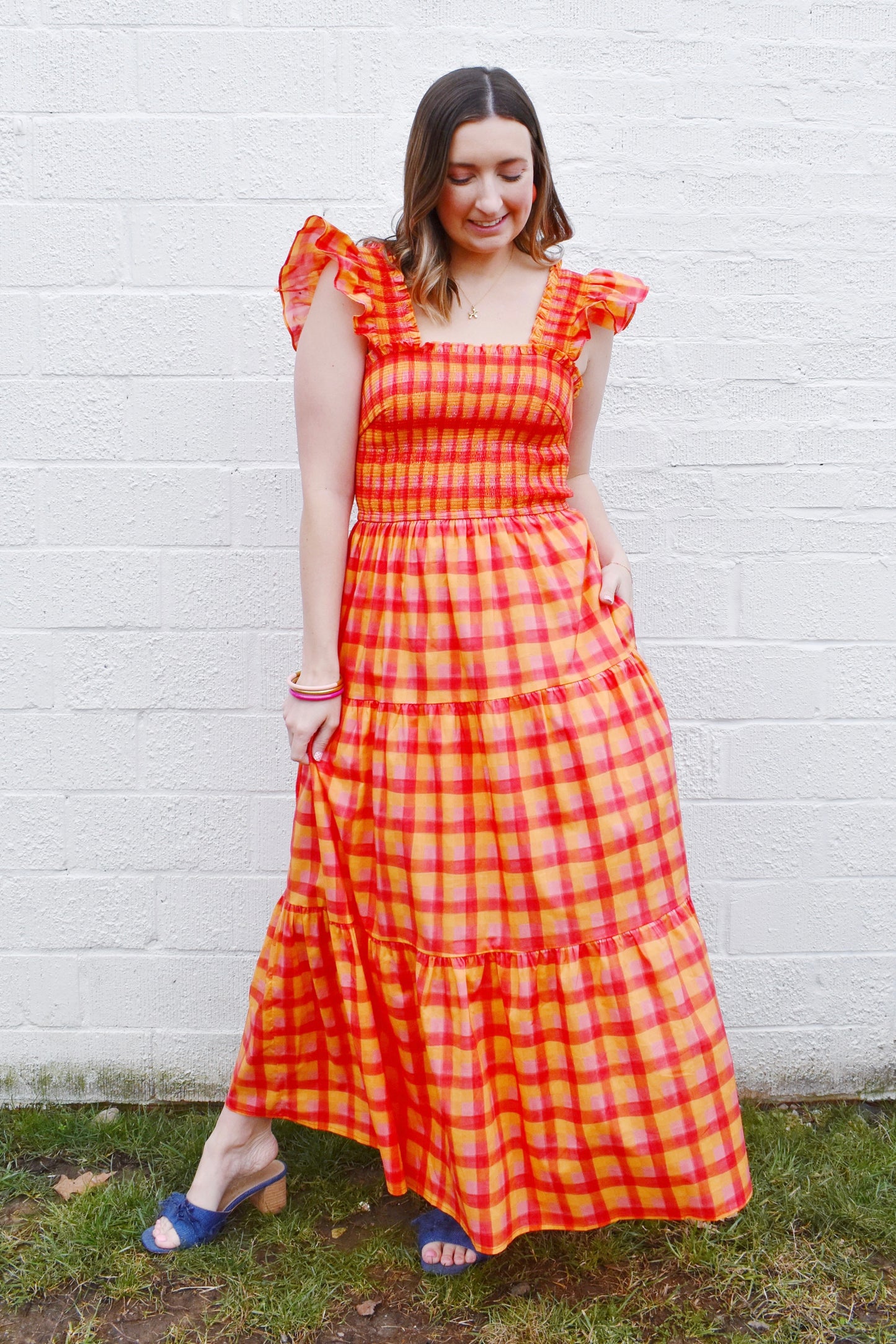 Tangerine Plaid Midi Dress
