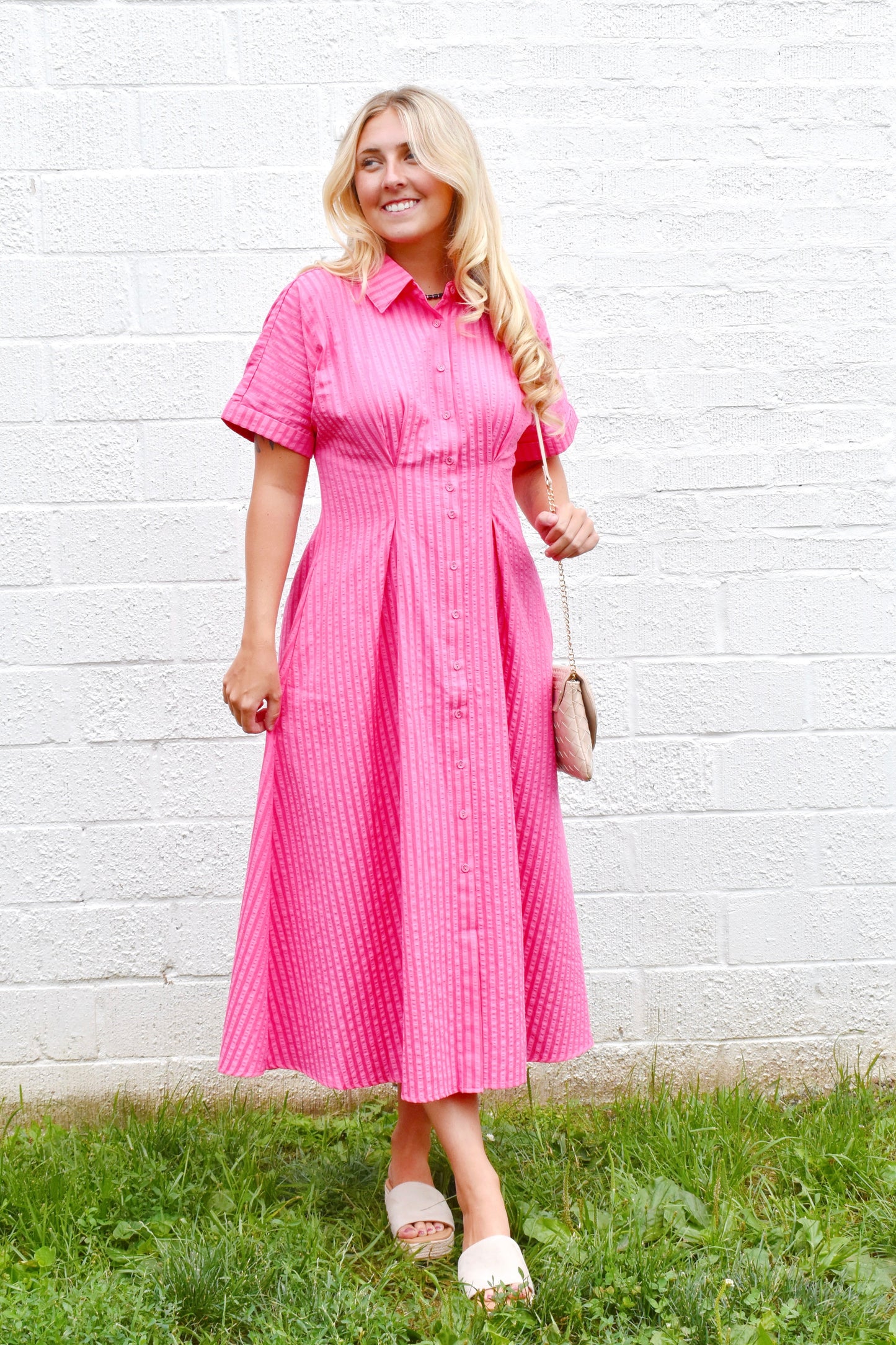 Fuchsia Button Up Collared Midi Dress