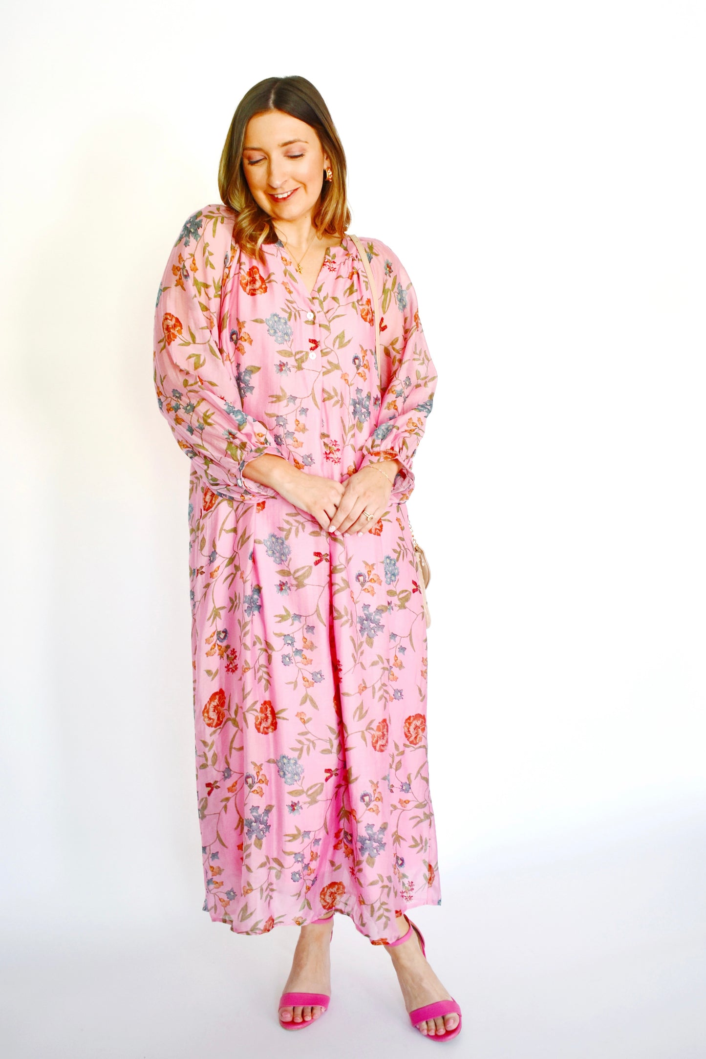 Flowy Soft Pink Floral Midi Dress