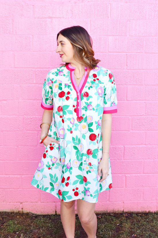 White Colorful Floral Contrast Trim Dress