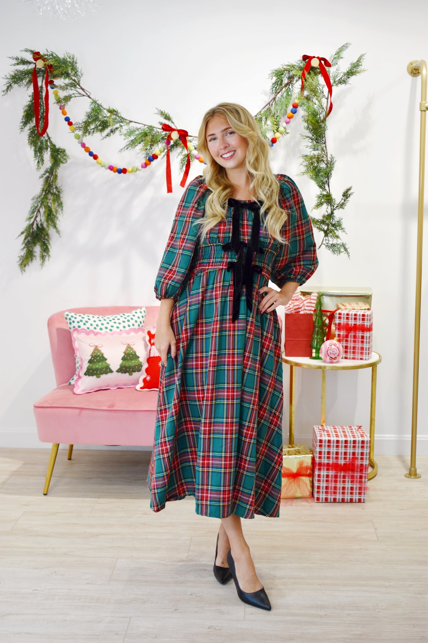 Tied With A Bow Green Plaid Midi Dress