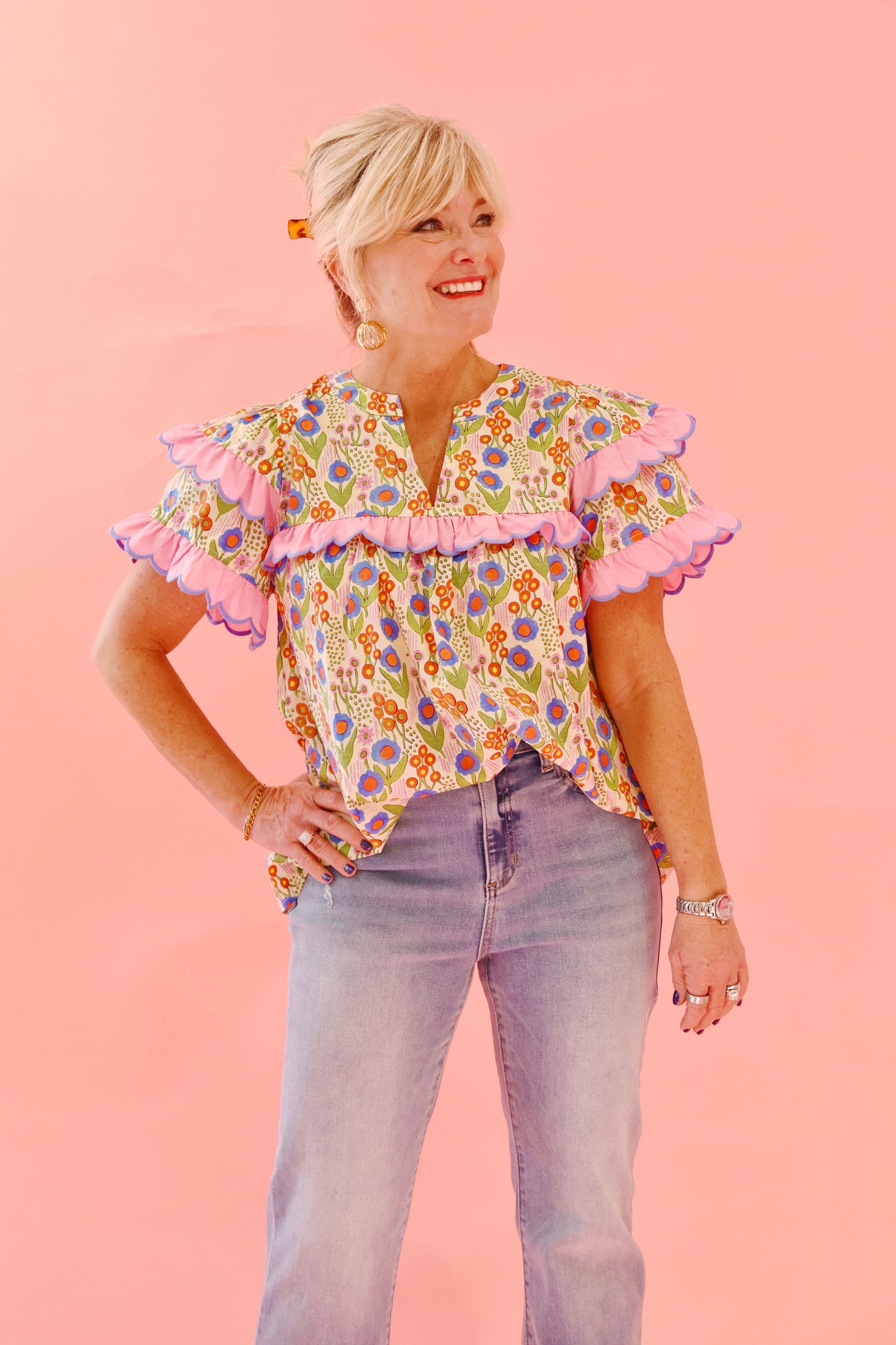 Vanilla Multi Floral Ruffle Detail Blouse