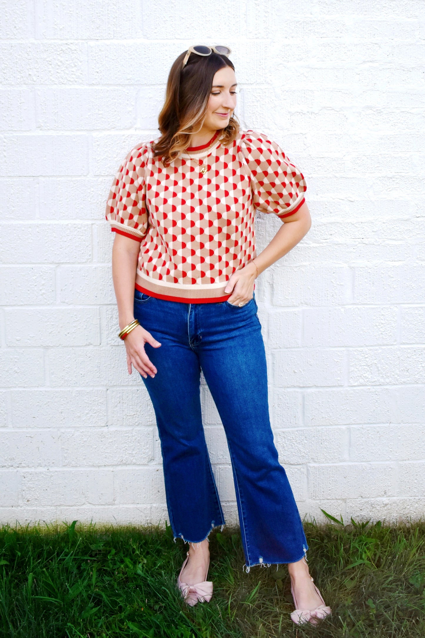 Camel Red Abstract Print Short Sleeve Sweater