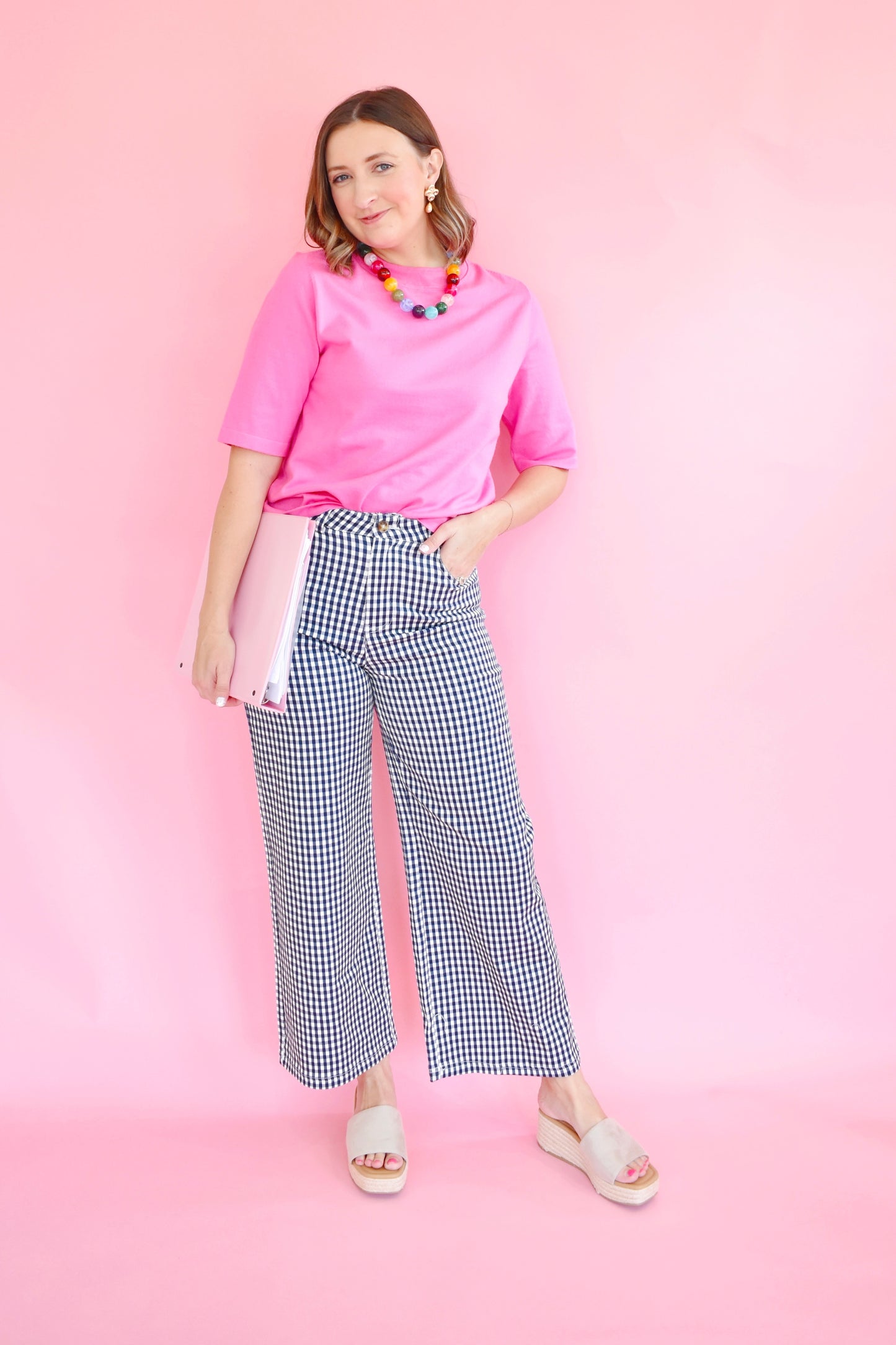Navy Gingham Wide Leg Pants