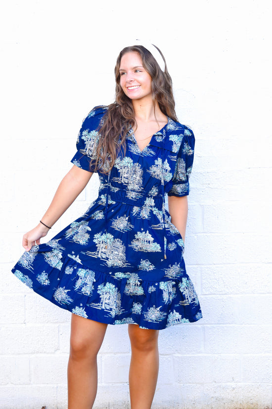 Navy Toile Printed Elastic Waist Dress