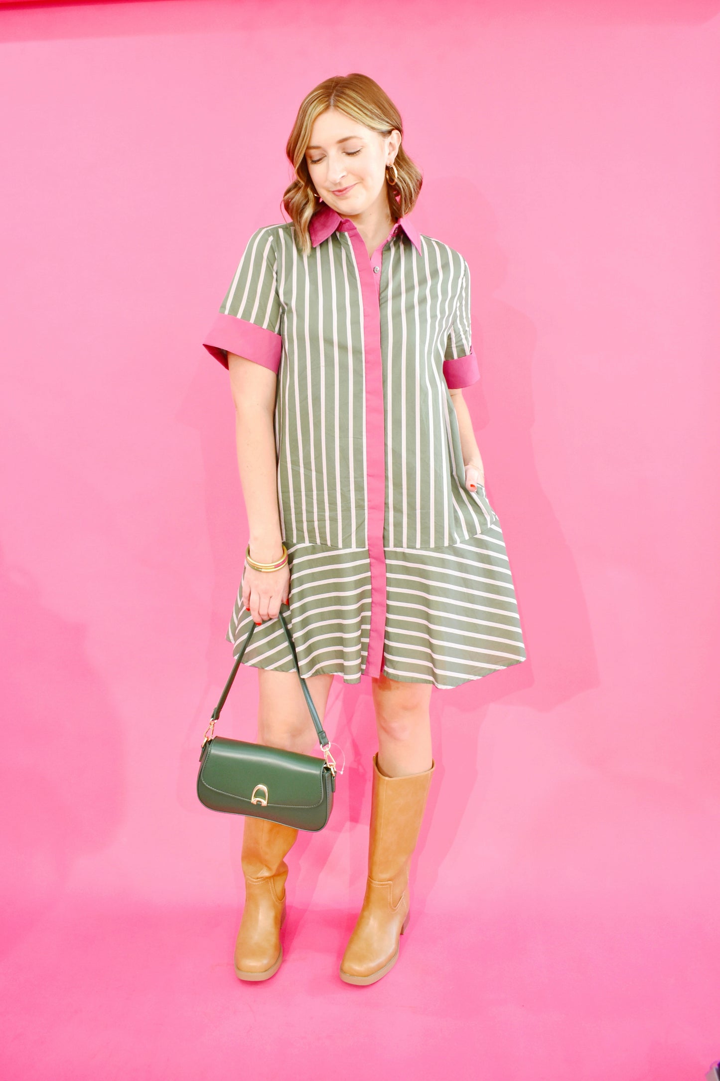 Army Stripe Pink Contrast Drop Waist Dress