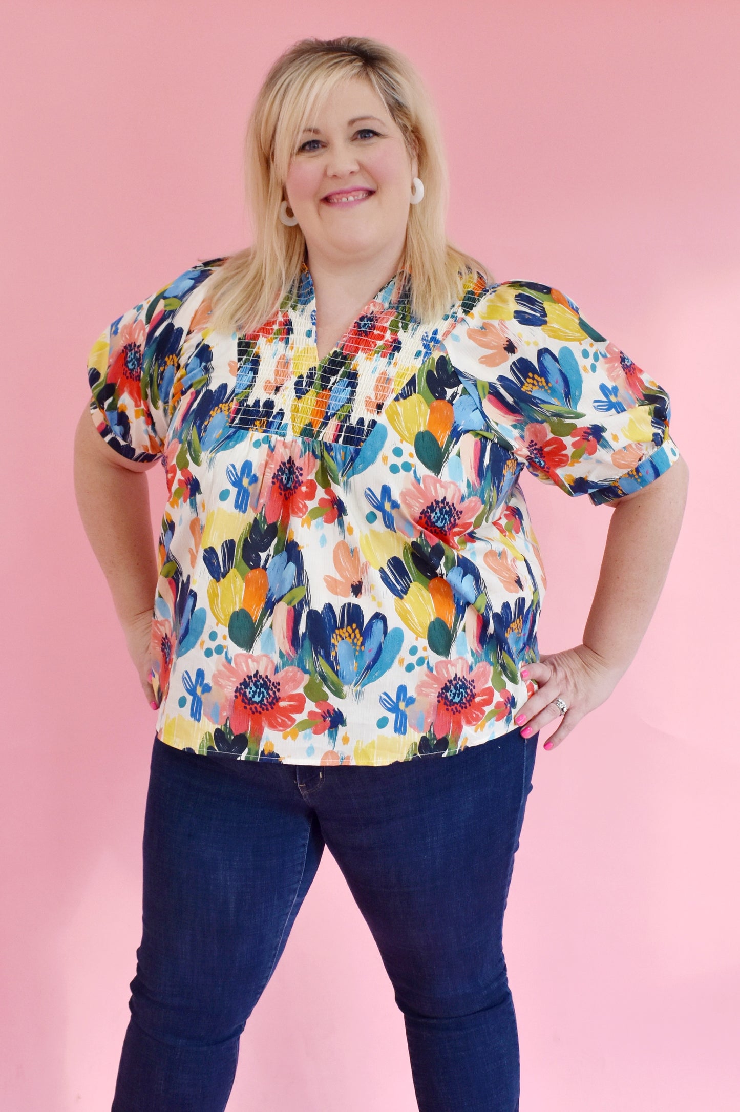 Plus Beautifully Bold Floral Babydoll Collared Top