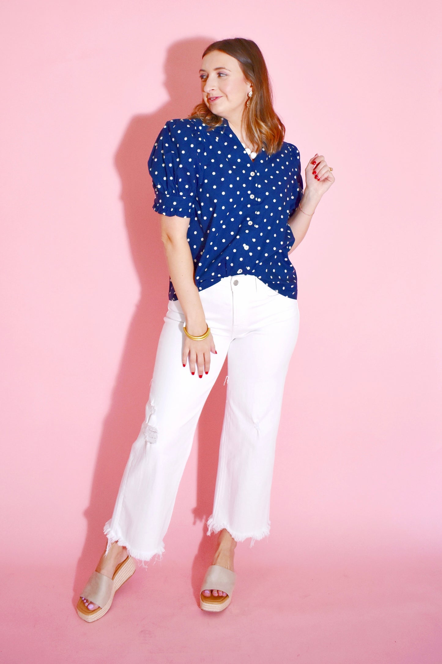 Navy Polka Dot Button Down Blouse