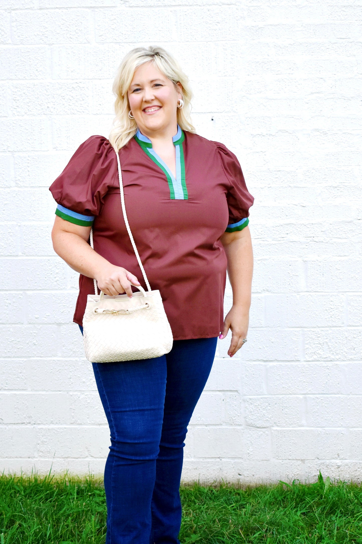 Plus Chocolate Blue & Green Trim Puff Sleeve Blouse