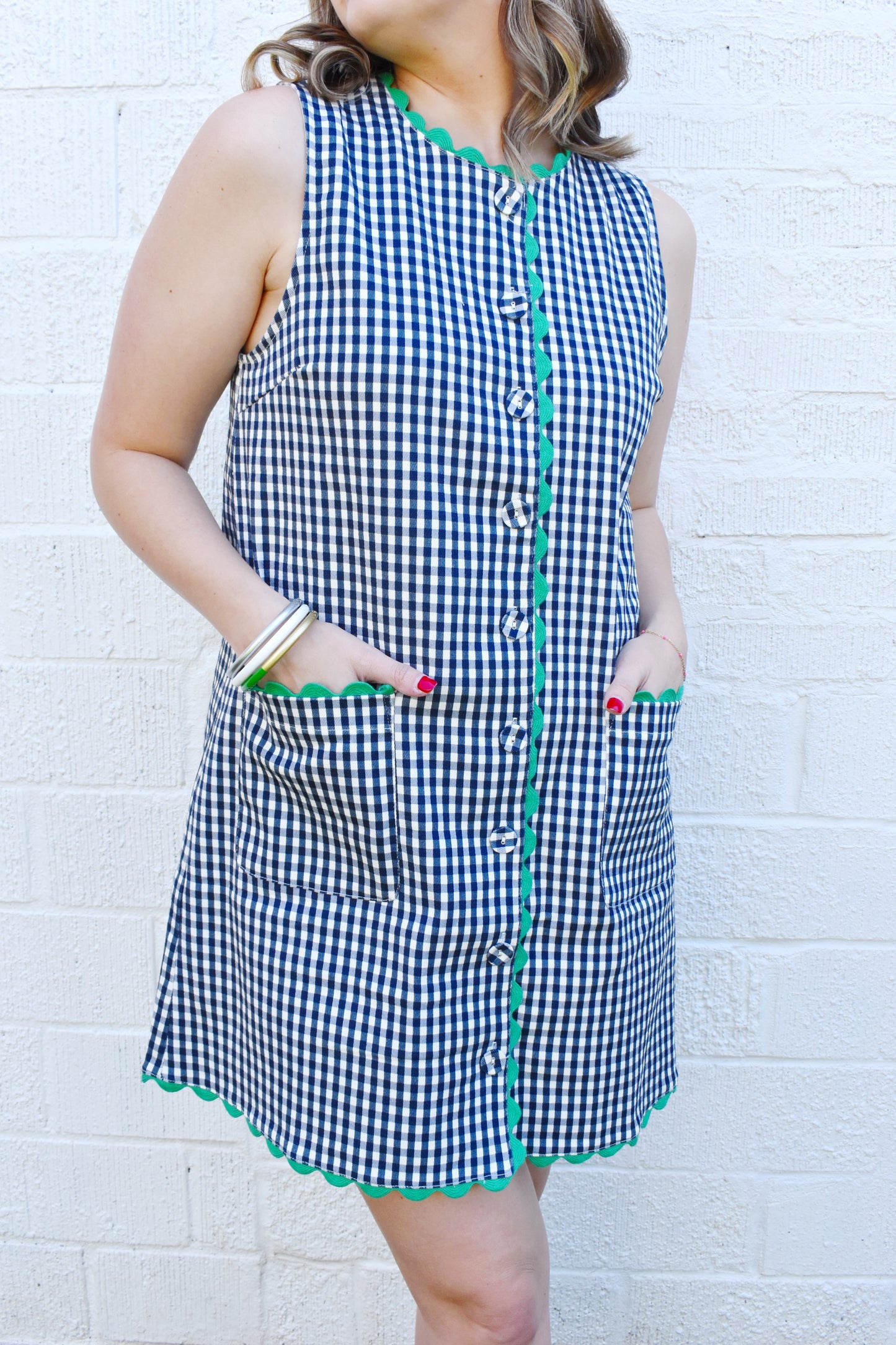 Navy Gingham Green Scallop Detail Shift Dress