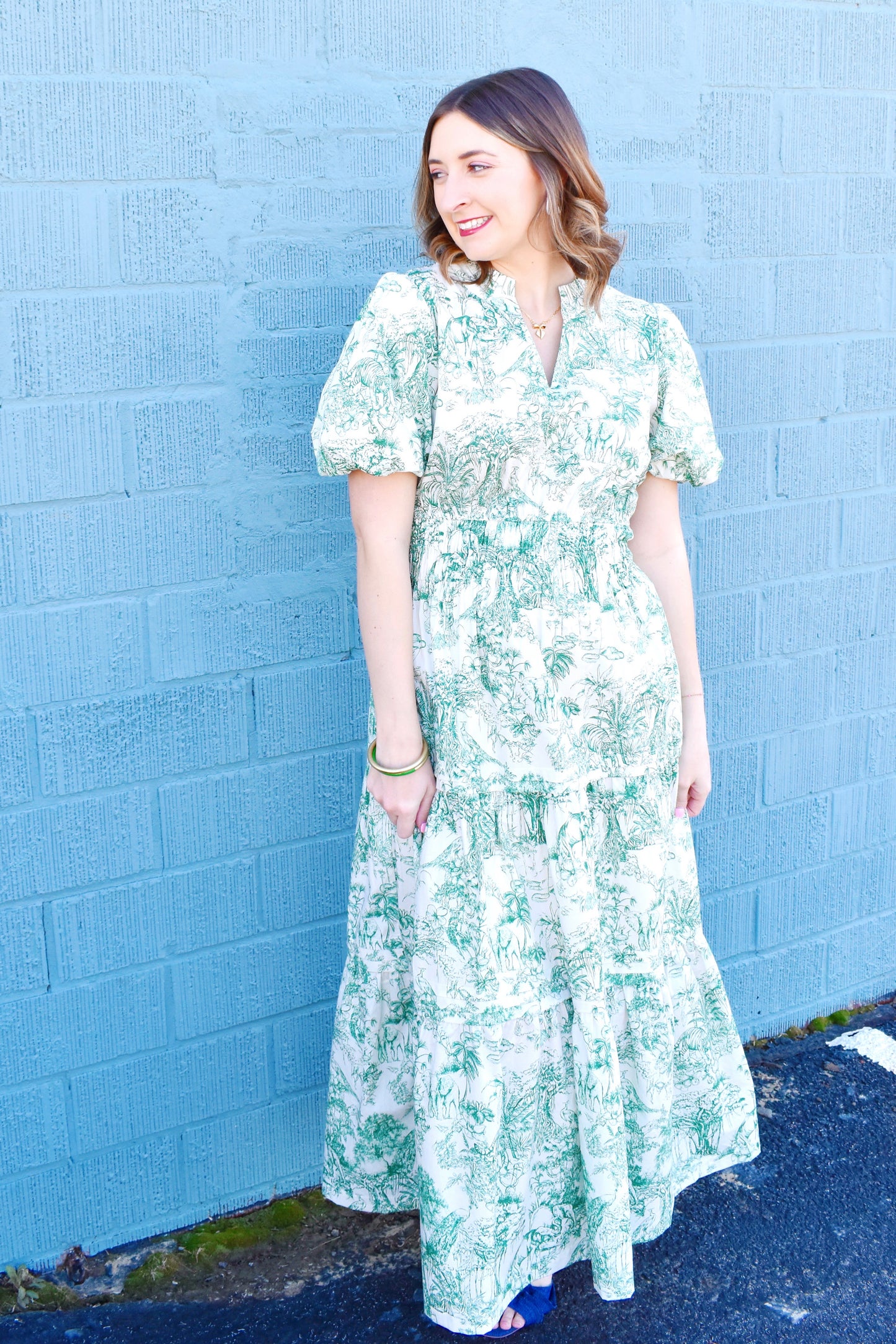 Green Toile Puff Sleeve Maxi Dress