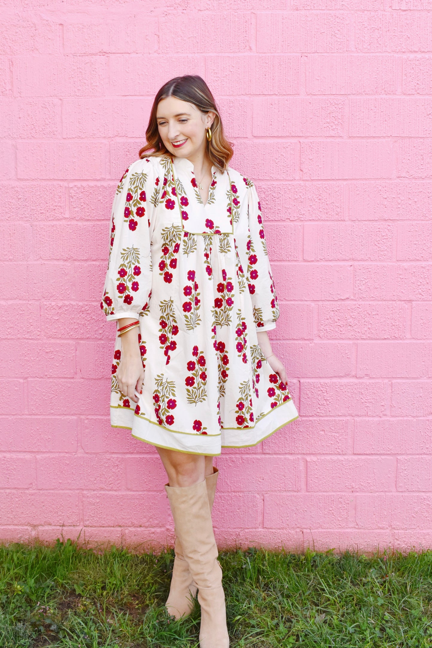 Jan Ecru Red Floral Babydoll Dress